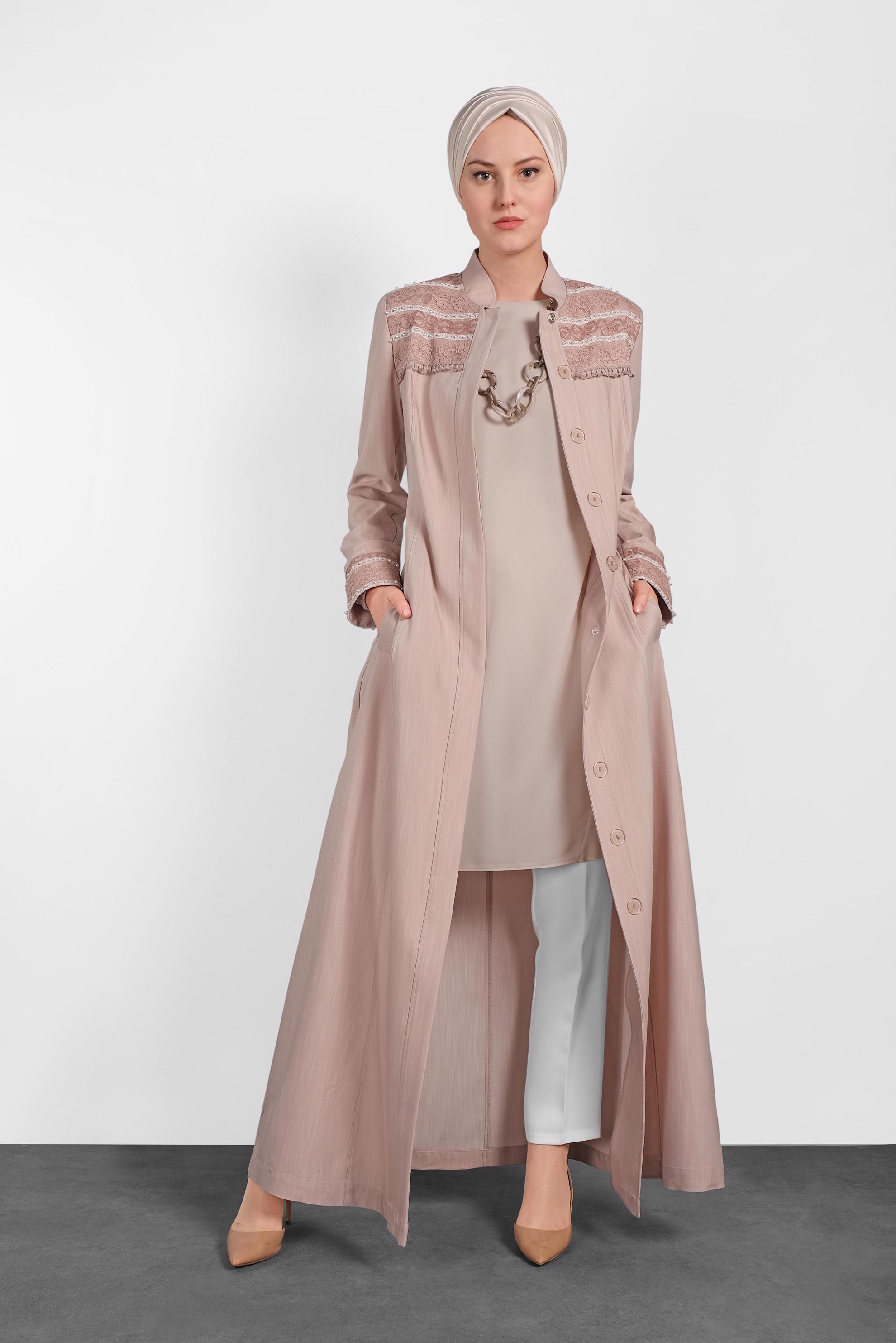 Tesettür giyim PUDRA KOLLARI LASTİKLİ FIRFIR DETAYLI TUNİK 4380