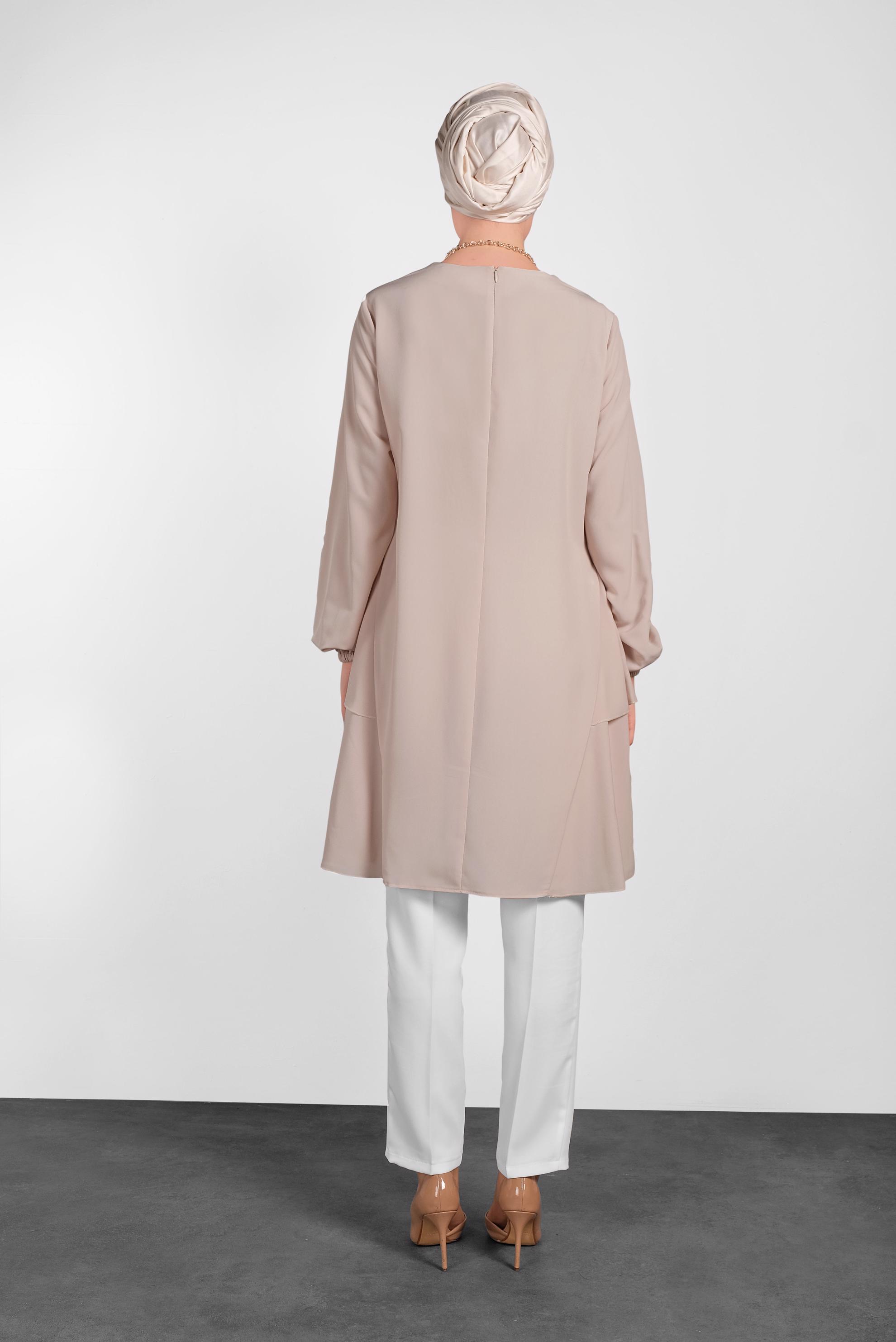 Tesettür giyim PUDRA KOLLARI LASTİKLİ FIRFIR DETAYLI TUNİK 4380