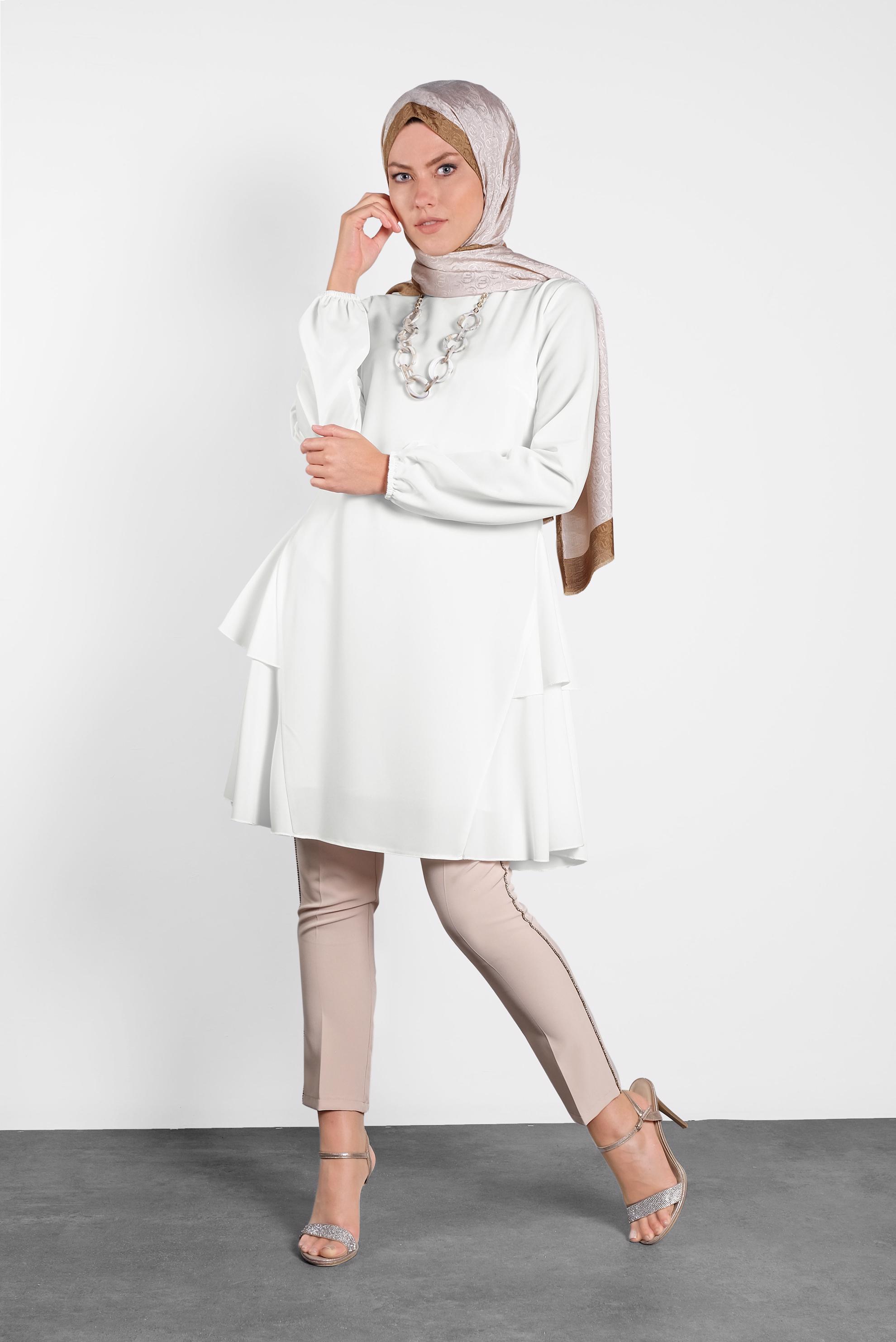 Tesettür giyim EKRU KOLLARI LASTİKLİ FIRFIR DETAYLI TUNİK 4380