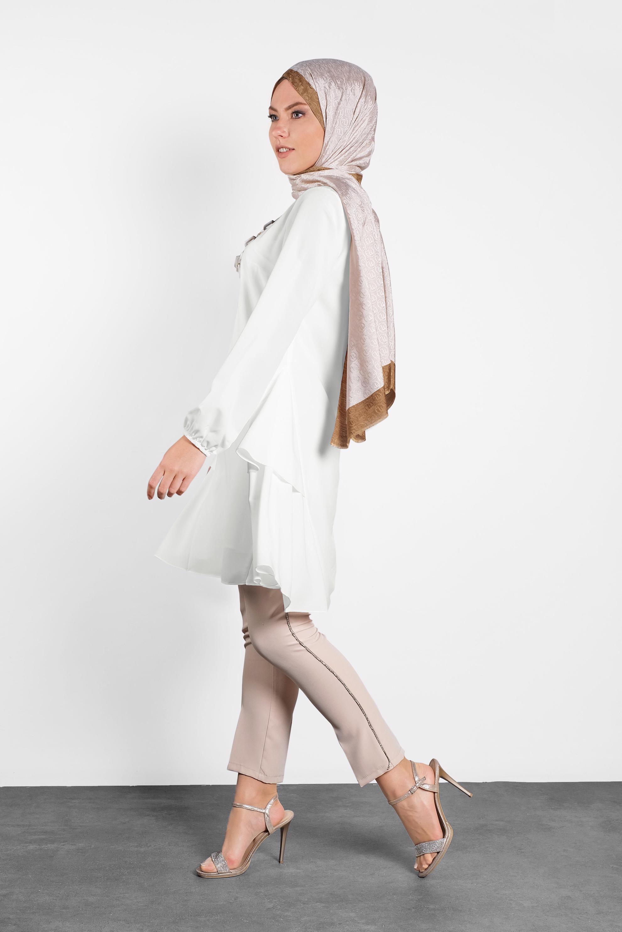 Tesettür giyim EKRU KOLLARI LASTİKLİ FIRFIR DETAYLI TUNİK 4380