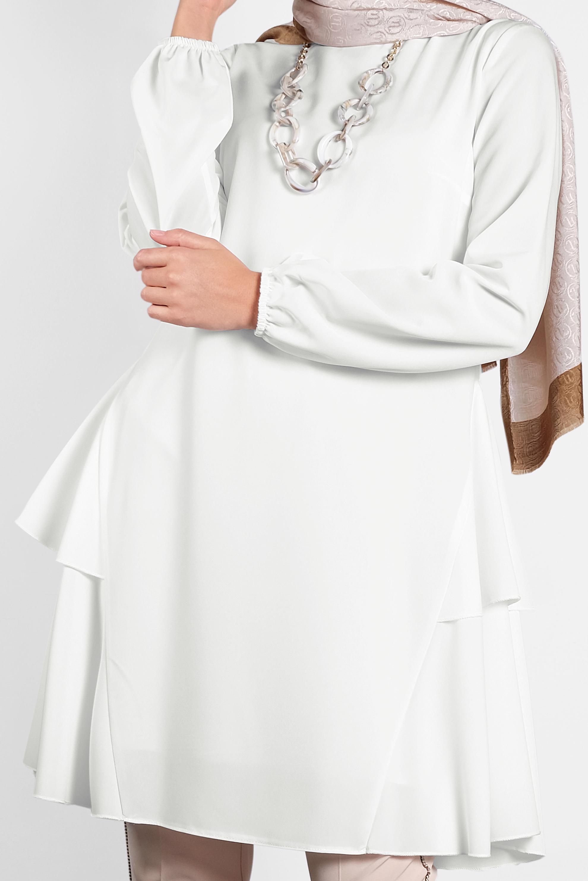 Tesettür giyim EKRU KOLLARI LASTİKLİ FIRFIR DETAYLI TUNİK 4380