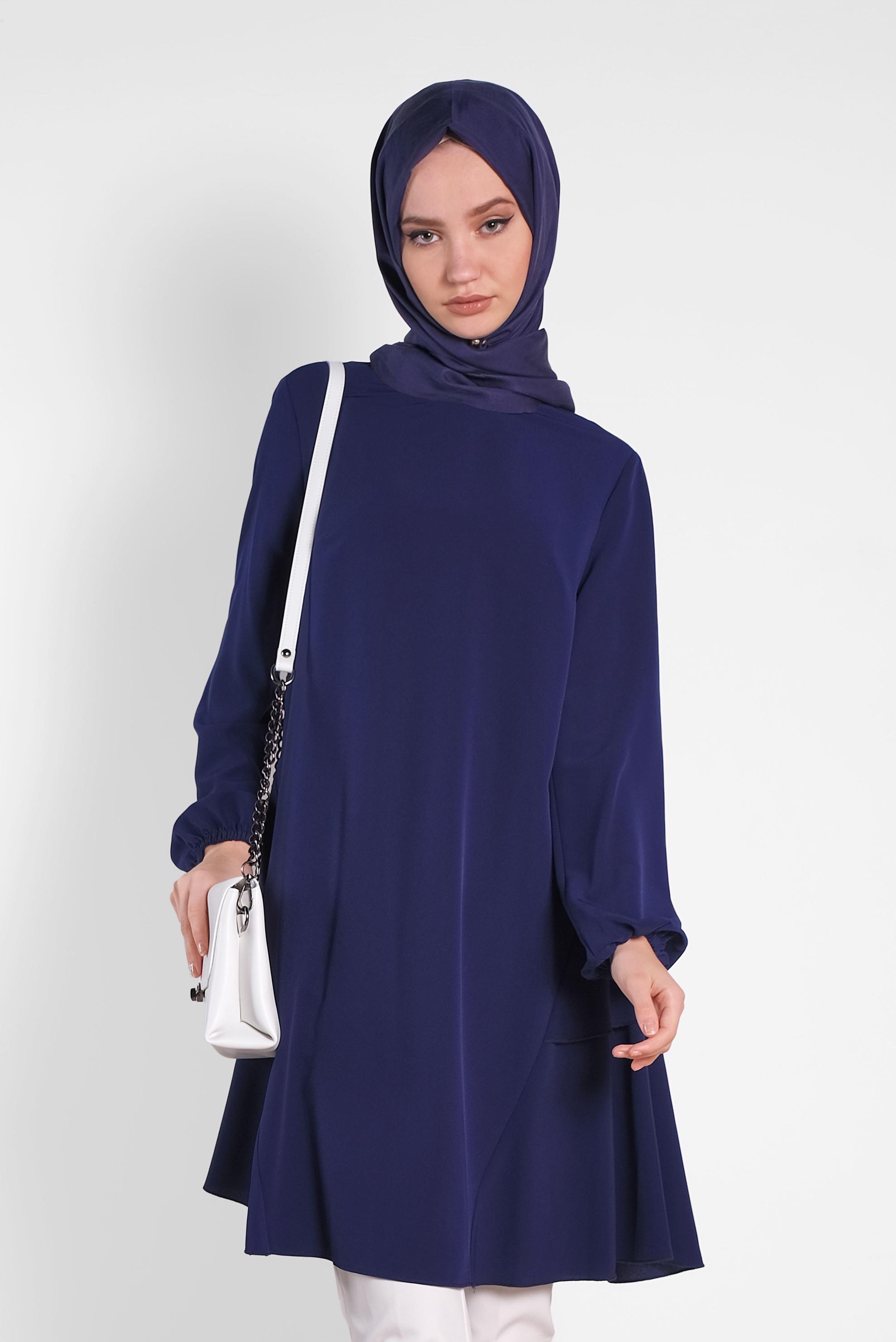 Tesettür giyim LACİVERT KOLLARI LASTİKLİ FIRFIR DETAYLI TUNİK 4380