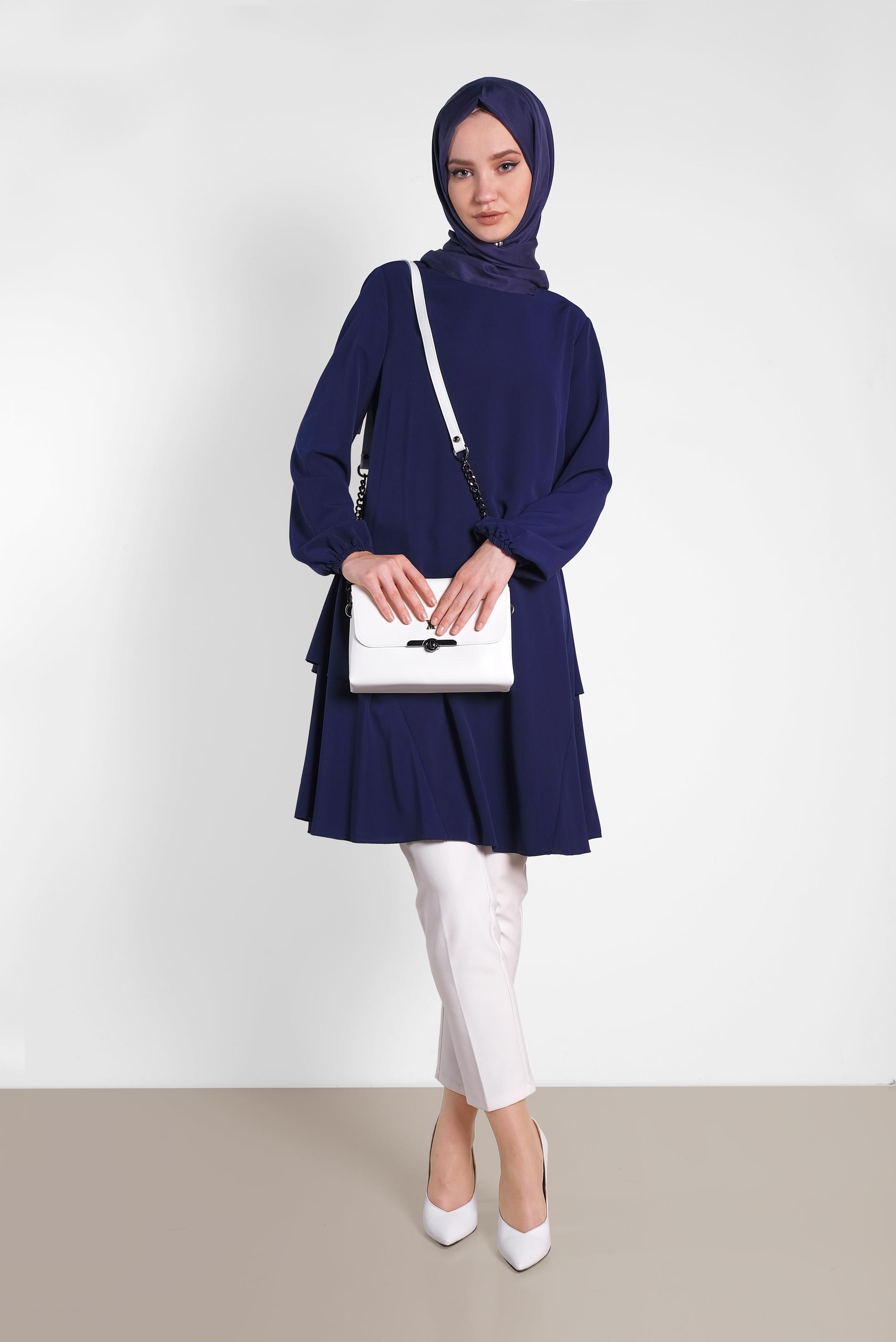 Tesettür giyim LACİVERT KOLLARI LASTİKLİ FIRFIR DETAYLI TUNİK 4380