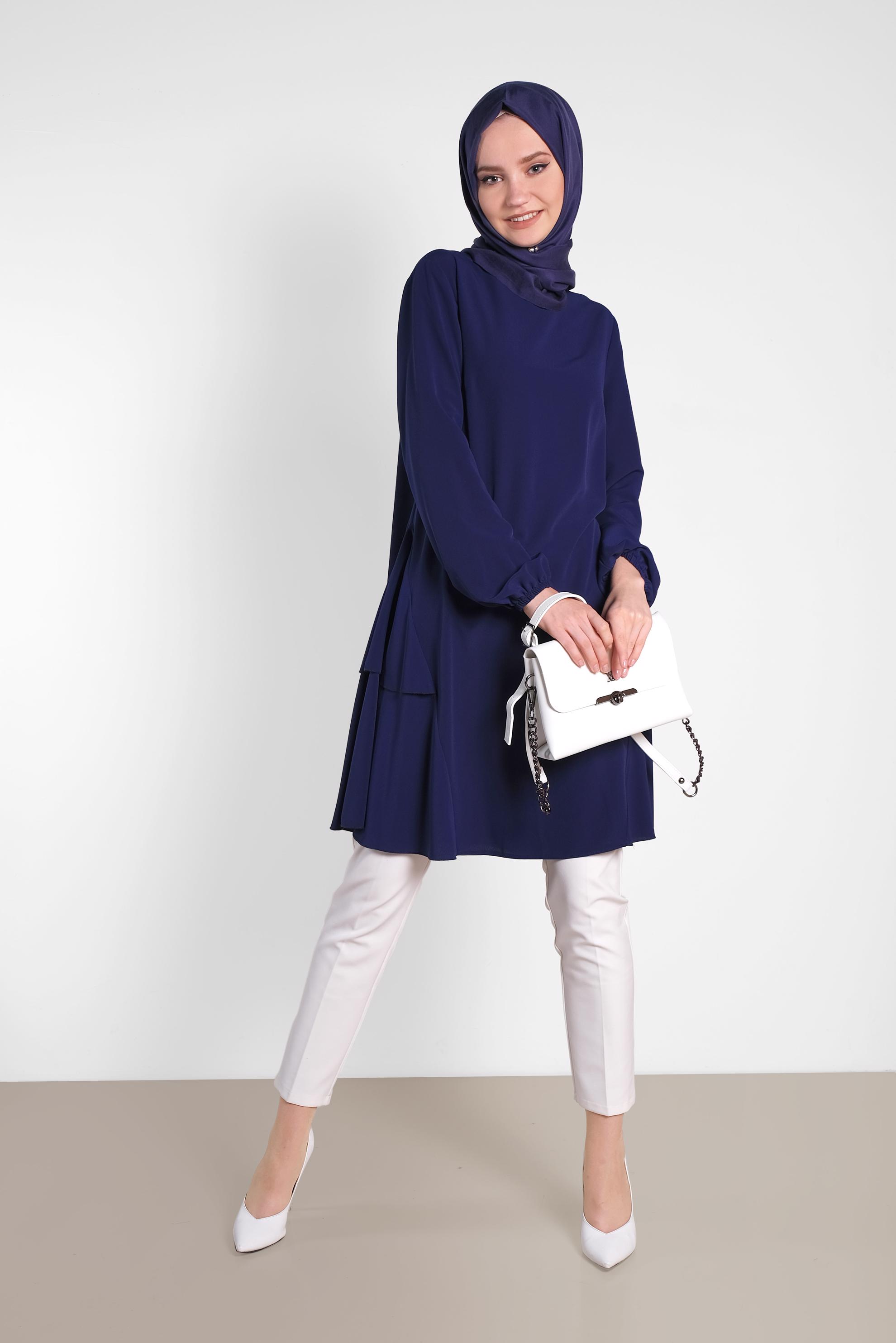 Tesettür giyim LACİVERT KOLLARI LASTİKLİ FIRFIR DETAYLI TUNİK 4380