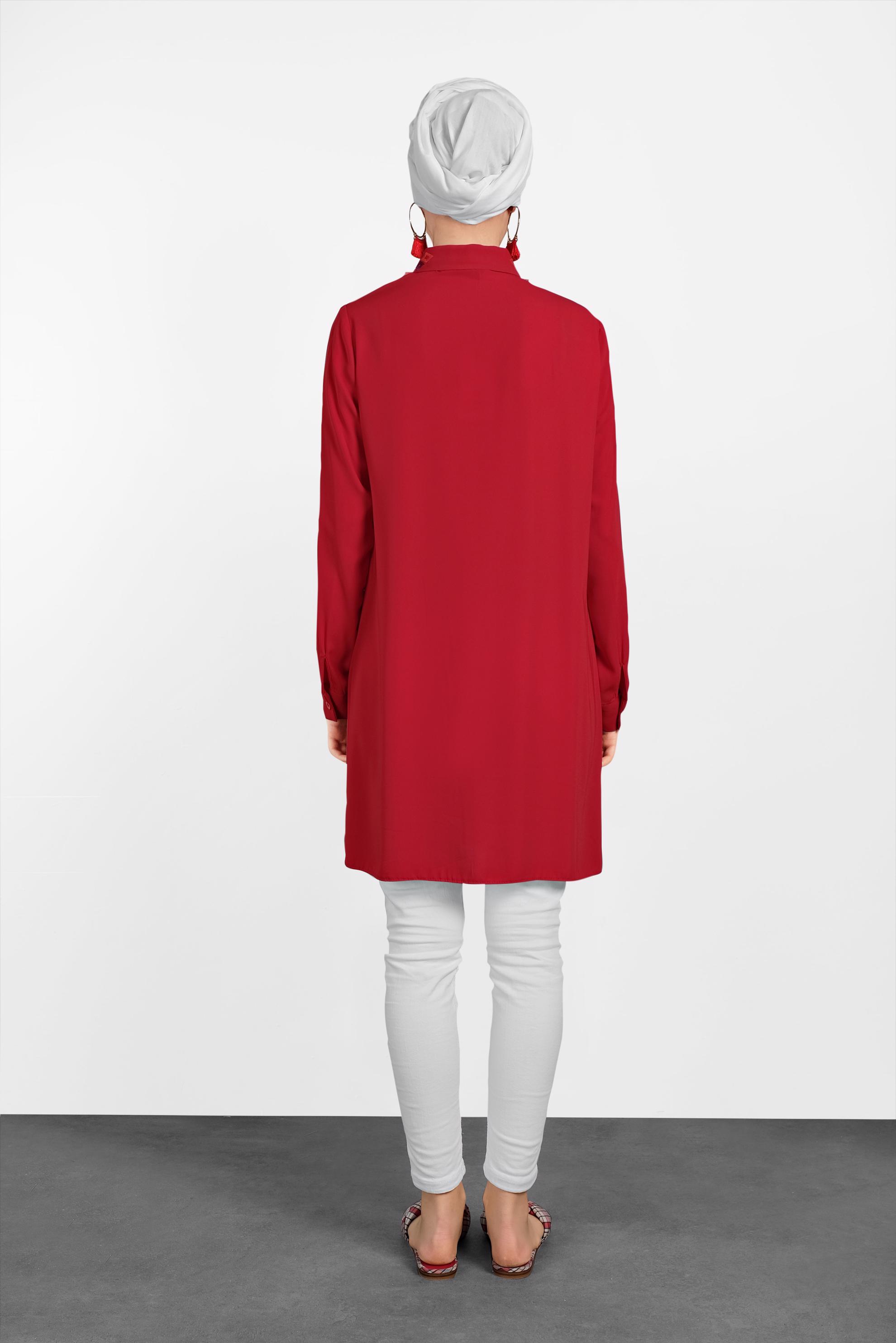 Tesettür giyim KIRMIZI YAKASI NAKIŞLI TUNİK 4387