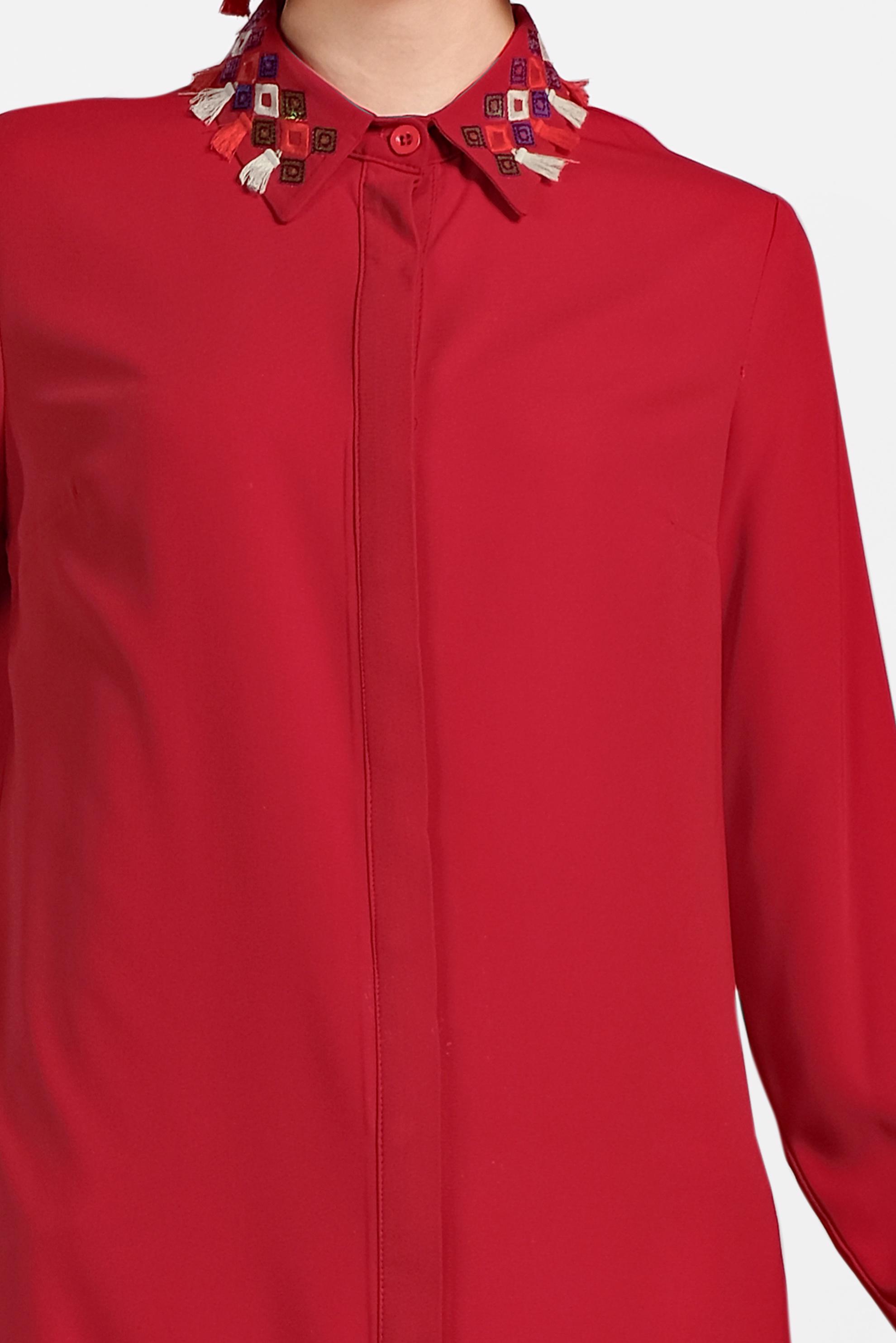 Tesettür giyim KIRMIZI YAKASI NAKIŞLI TUNİK 4387