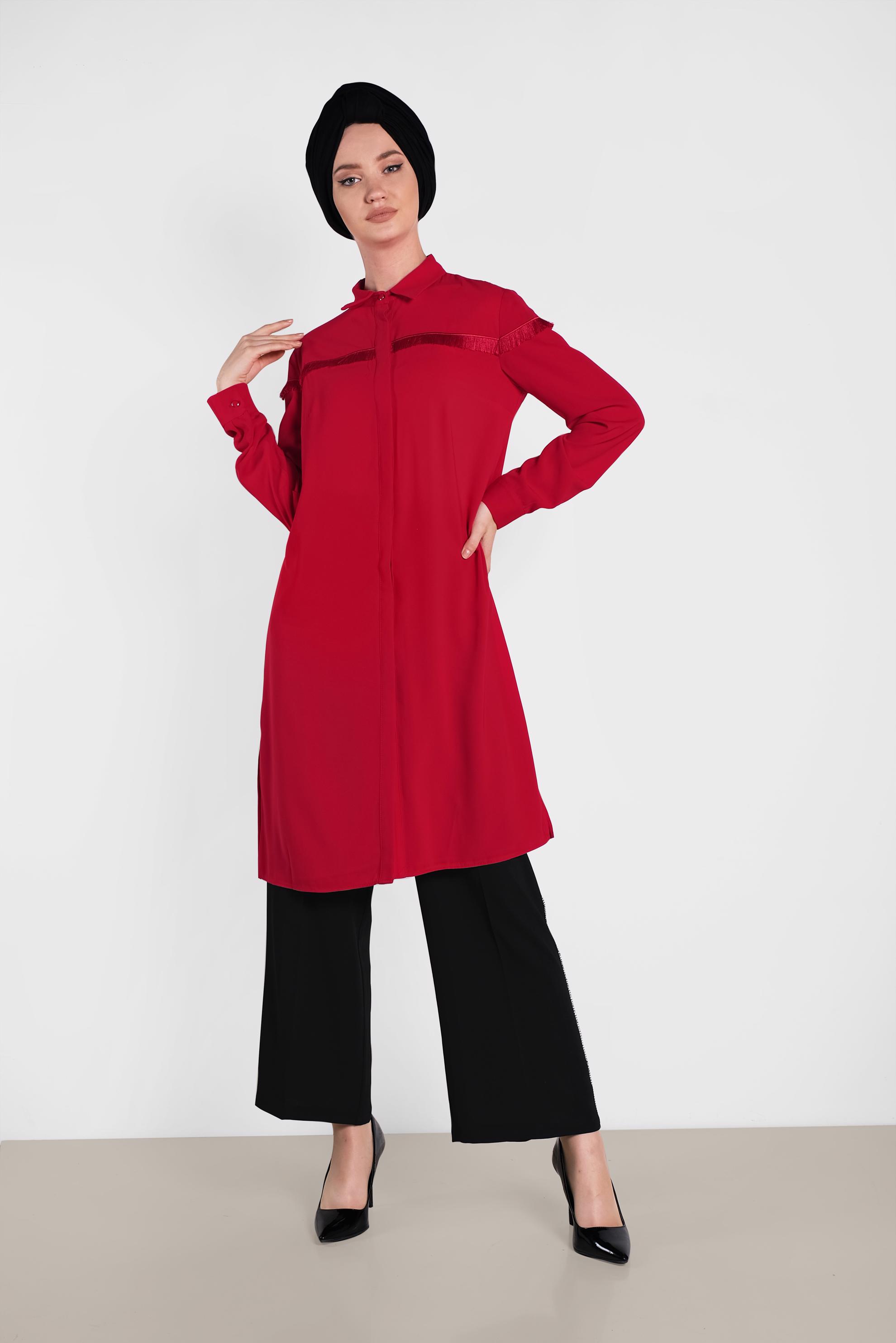 Tesettür giyim KIRMIZI PÜSKÜL DETAYLI TUNİK 4398 