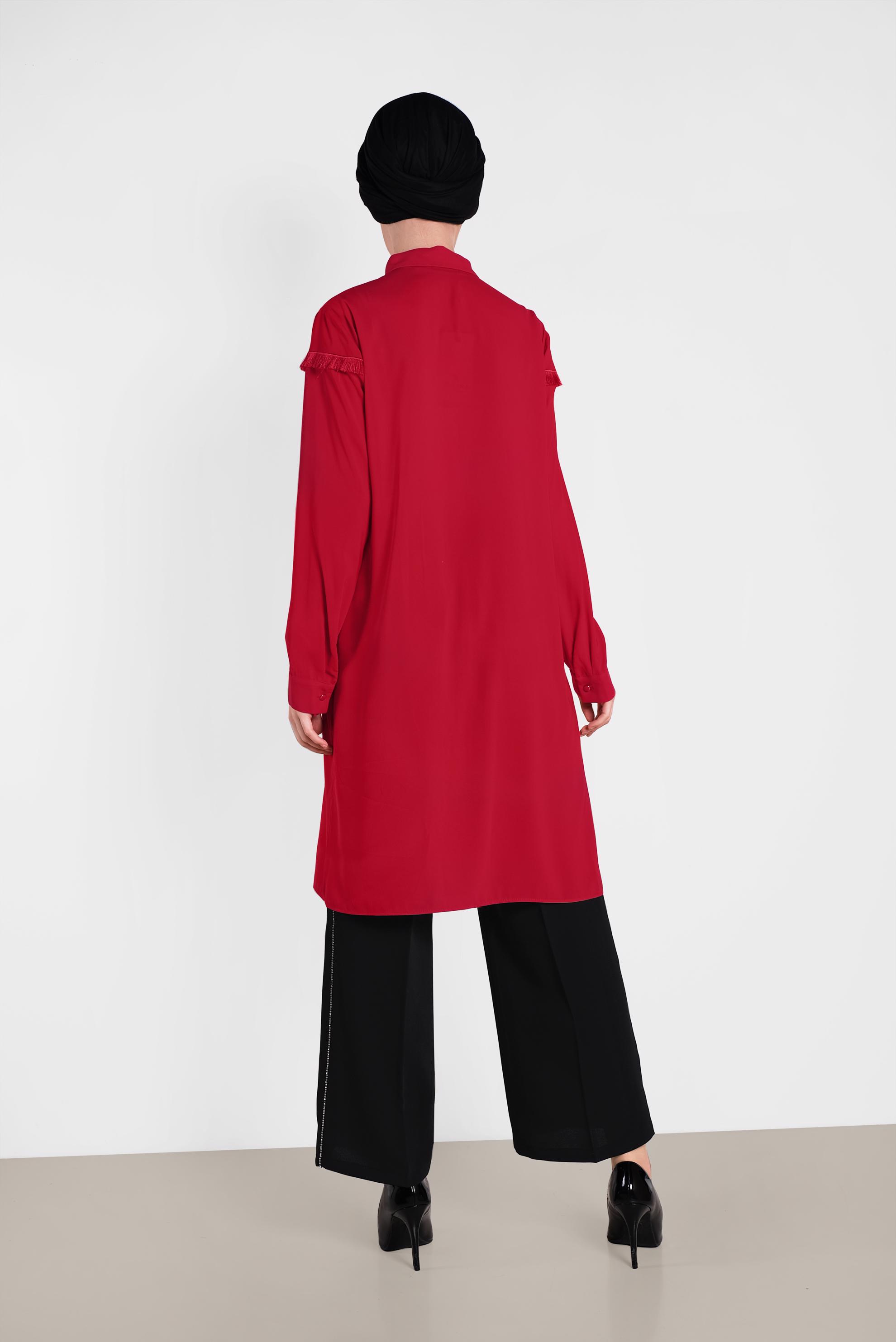 Tesettür giyim KIRMIZI PÜSKÜL DETAYLI TUNİK 4398 