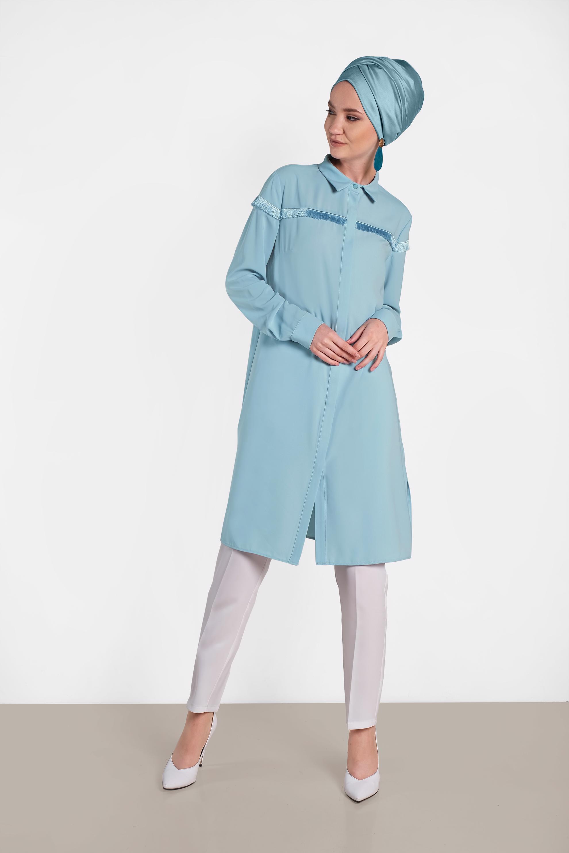 Tesettür giyim YEŞİL PÜSKÜL DETAYLI TUNİK 4398 