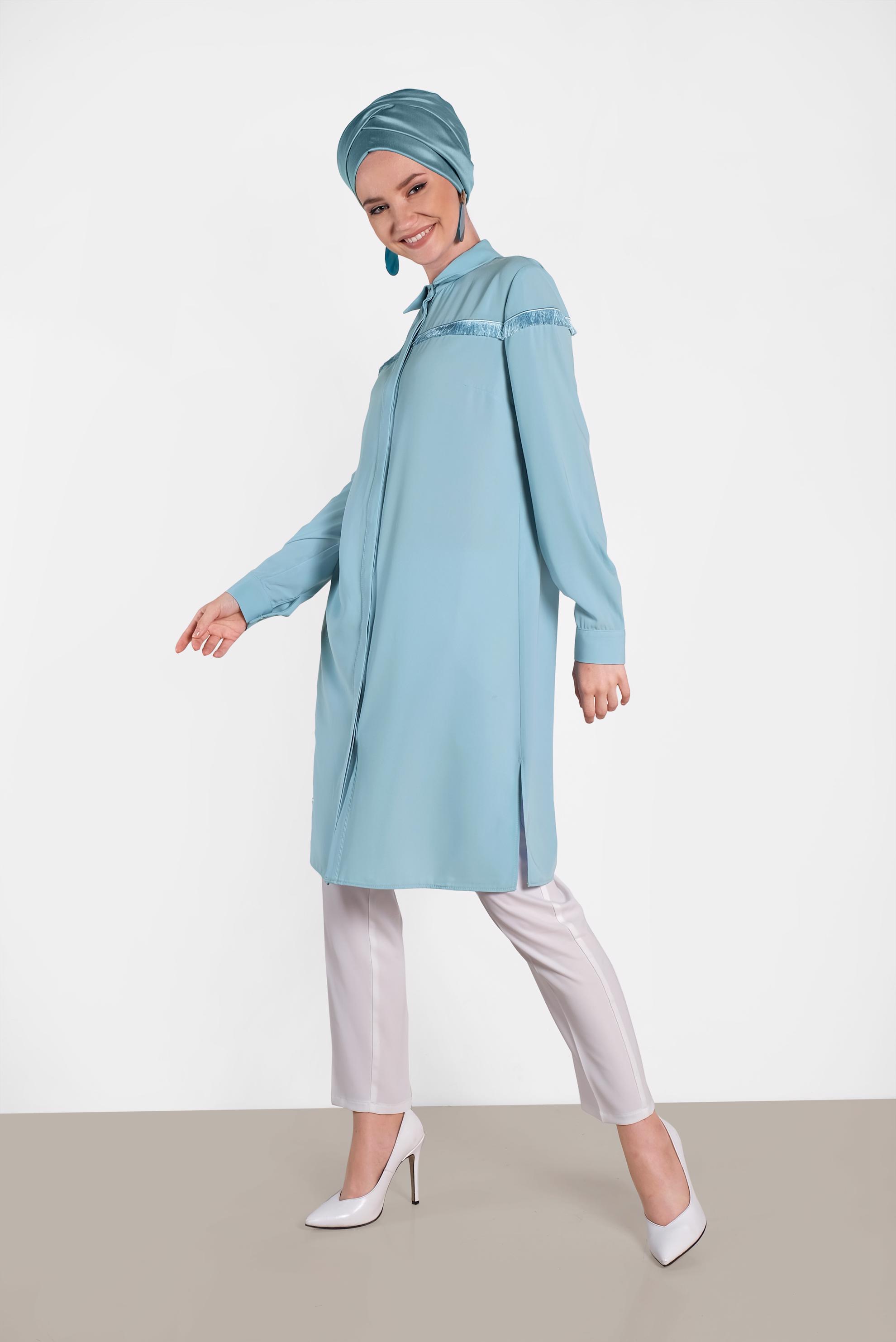 Tesettür giyim YEŞİL PÜSKÜL DETAYLI TUNİK 4398 