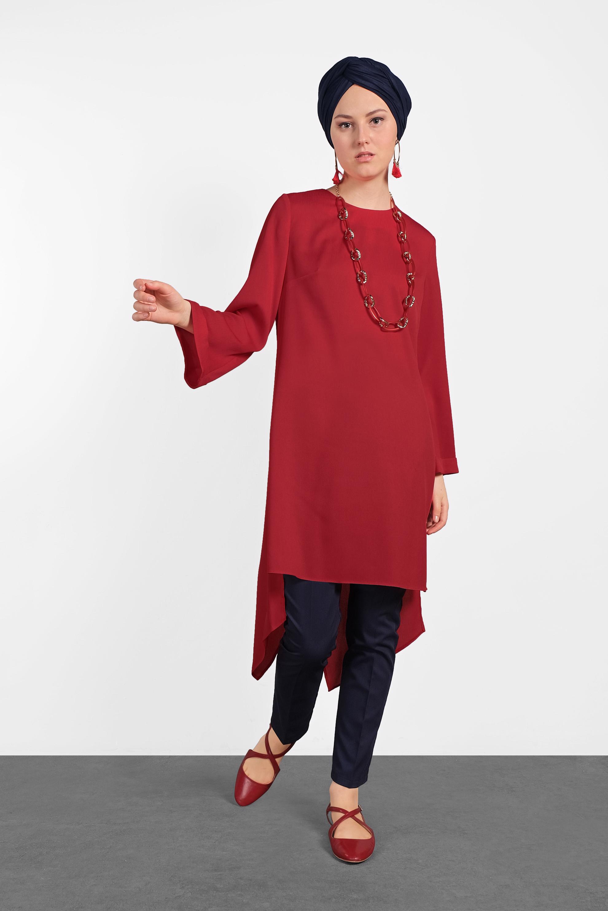Tesettür giyim KIRMIZI ASİMETRİK KESİM SALAŞ TUNİK 4413