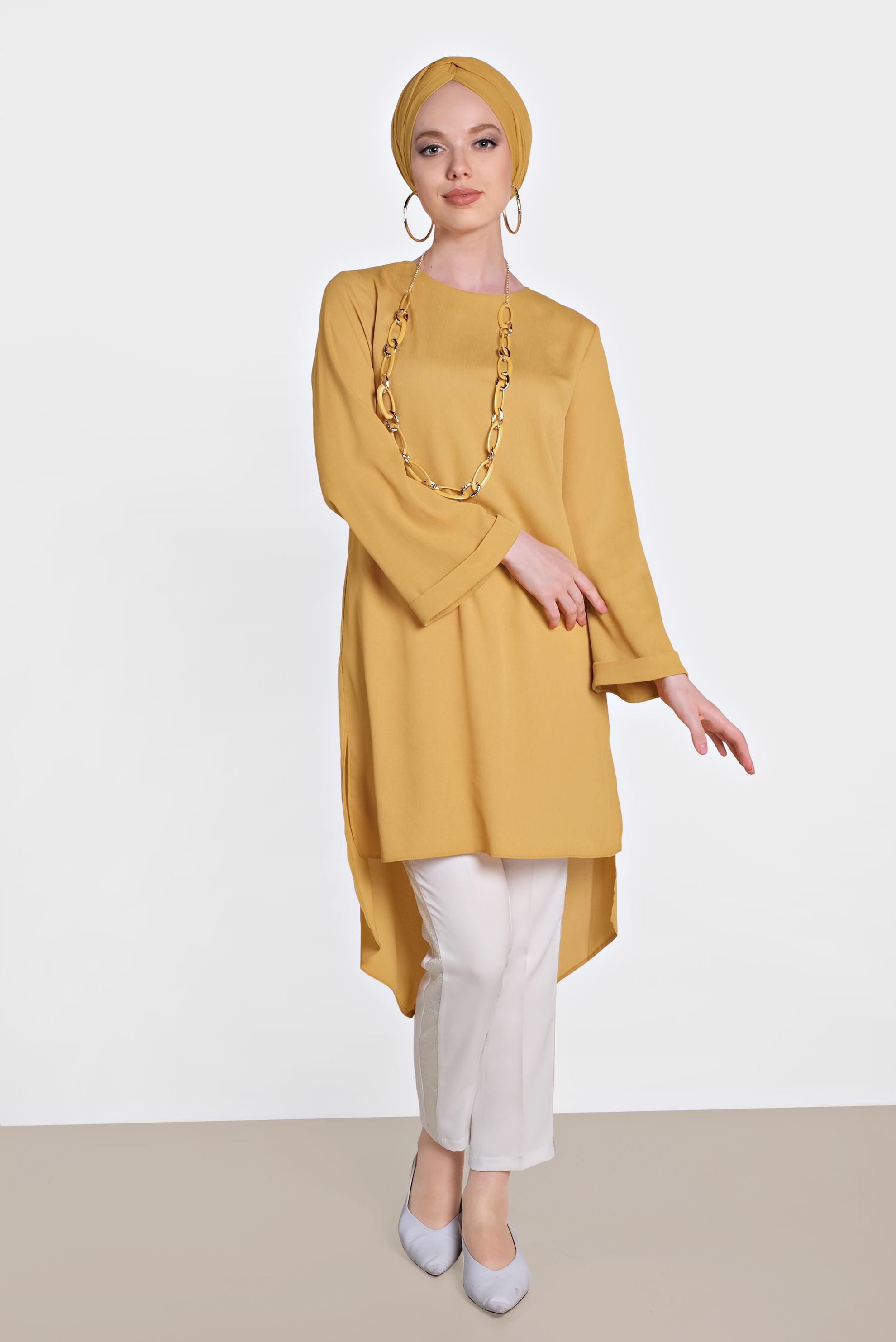 Tesettür giyim SARI ASİMETRİK KESİM SALAŞ TUNİK 4413