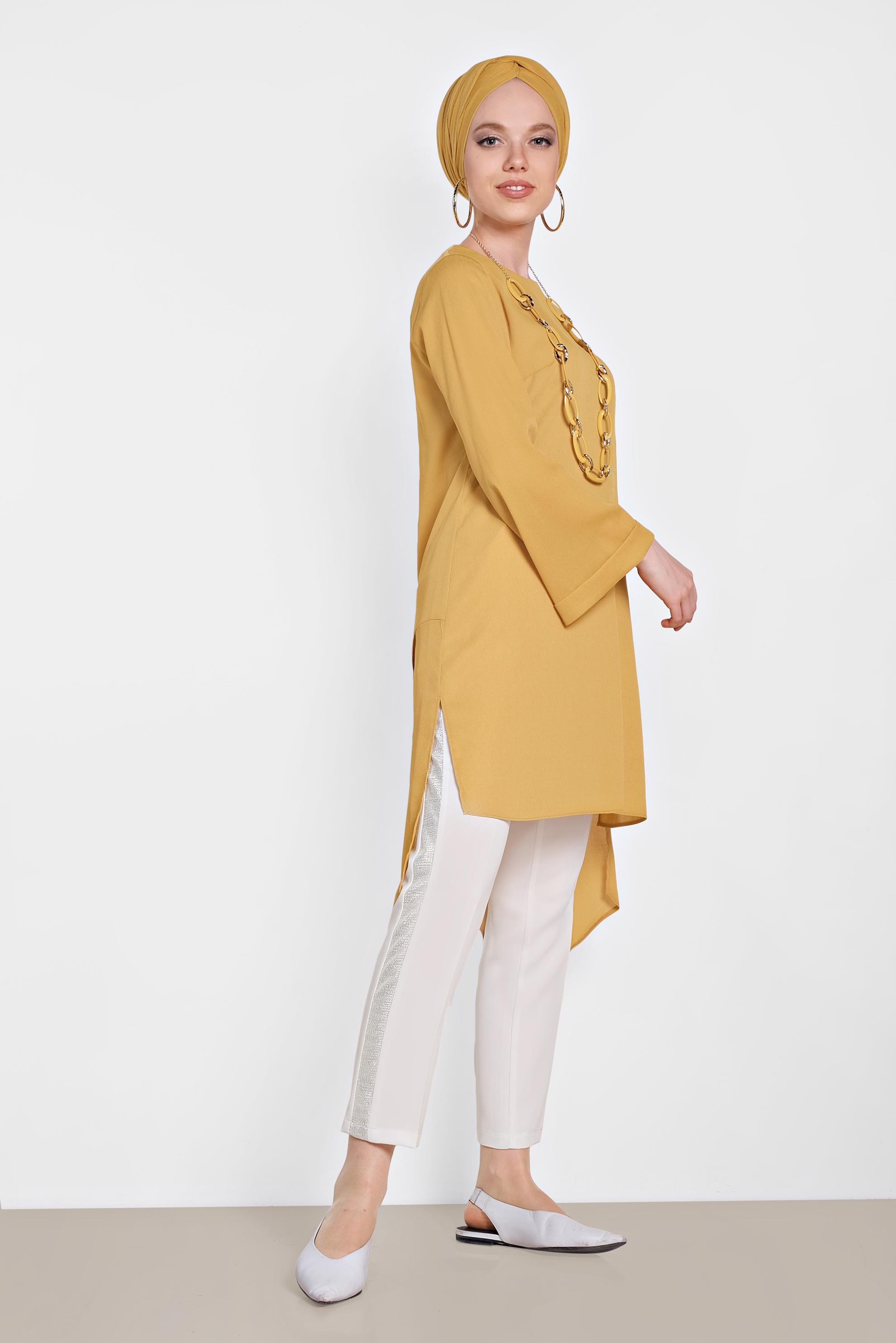 Tesettür giyim SARI ASİMETRİK KESİM SALAŞ TUNİK 4413