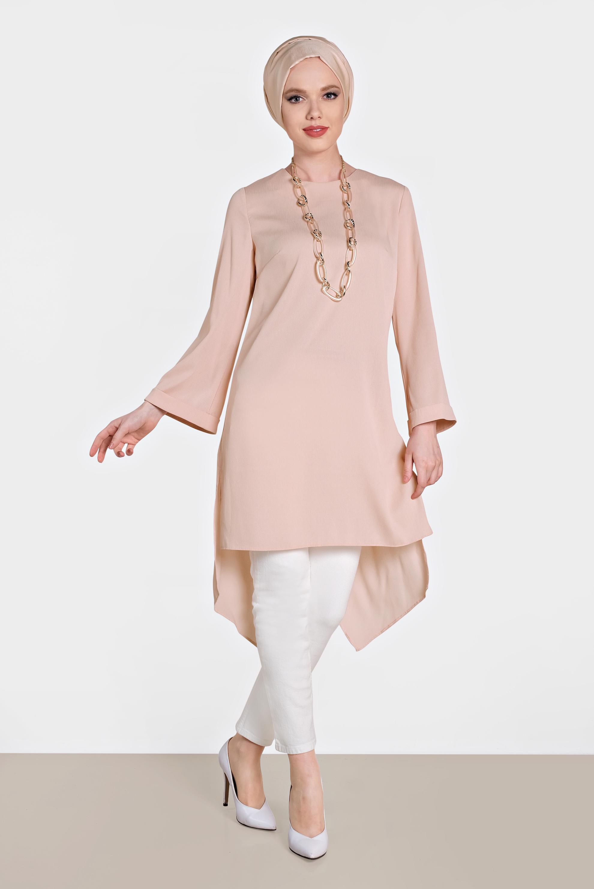 Tesettür giyim PUDRA ASİMETRİK KESİM SALAŞ TUNİK 4413