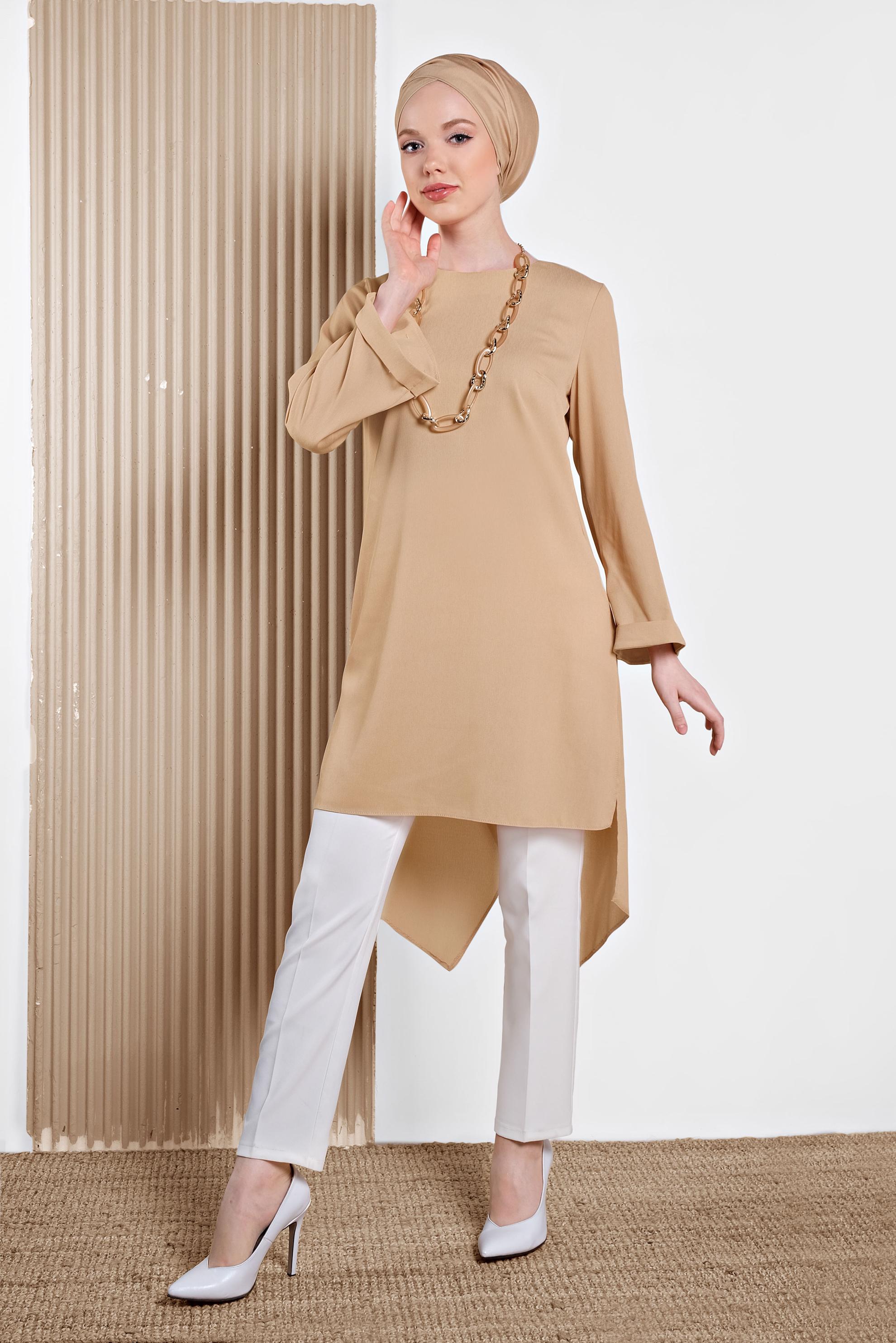 Tesettür giyim PUDRA ASİMETRİK KESİM SALAŞ TUNİK 4413