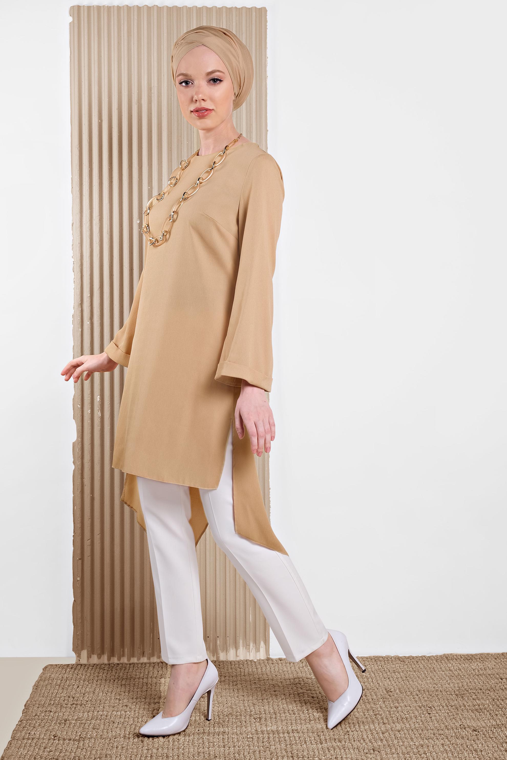 Tesettür giyim PUDRA ASİMETRİK KESİM SALAŞ TUNİK 4413