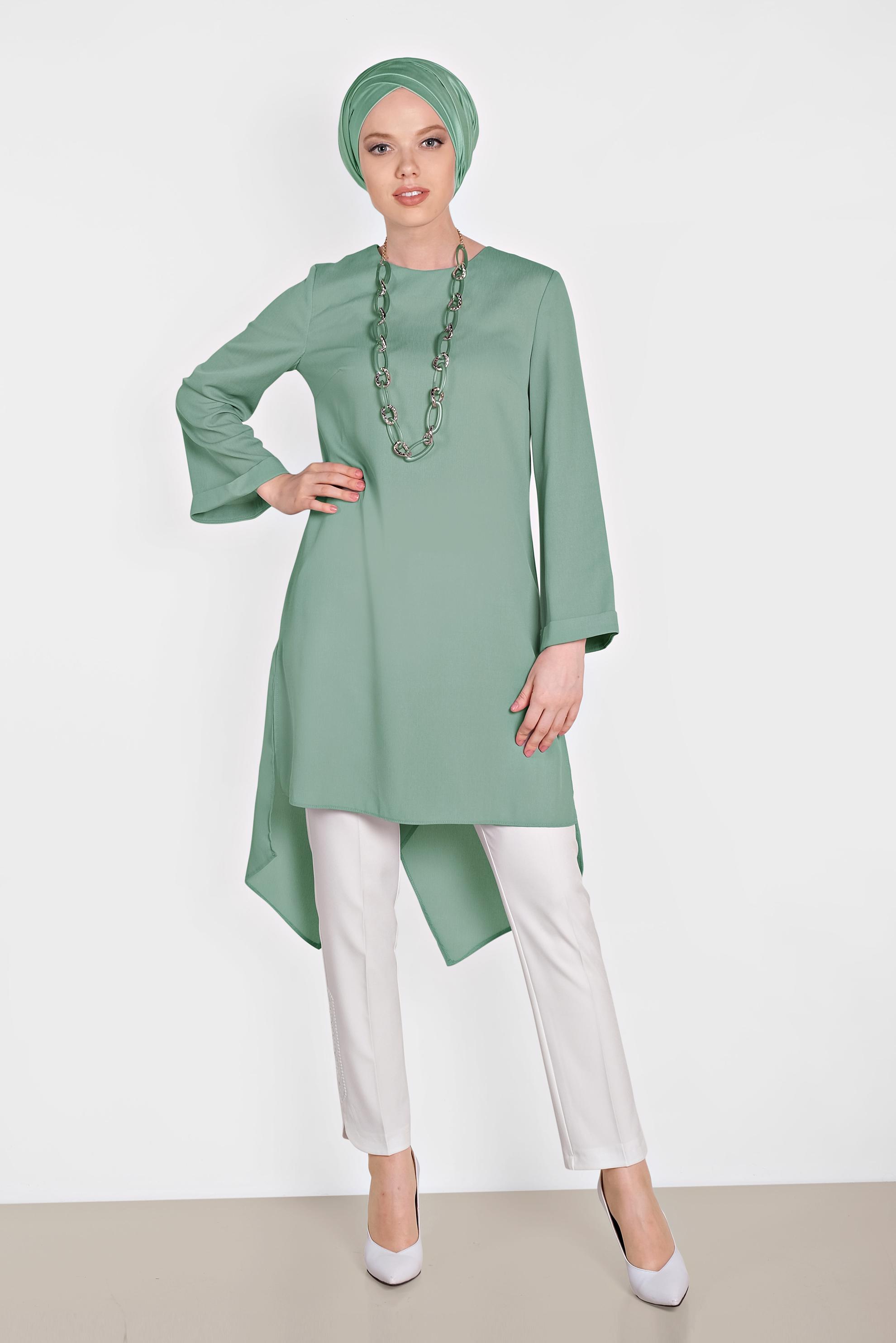 Tesettür giyim YEŞİL ASİMETRİK KESİM SALAŞ TUNİK 4413