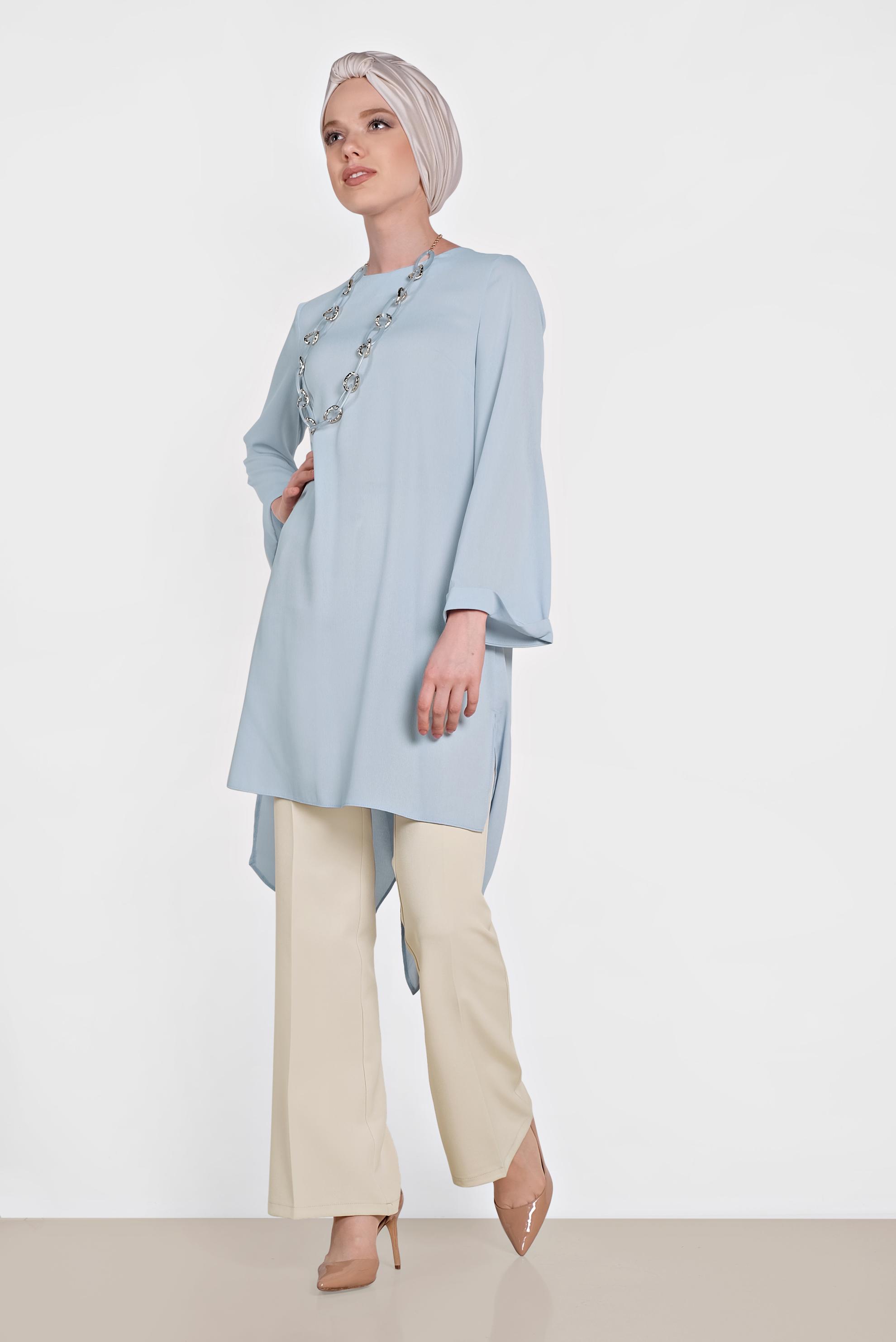 Tesettür giyim MAVİ ASİMETRİK KESİM SALAŞ TUNİK 4413