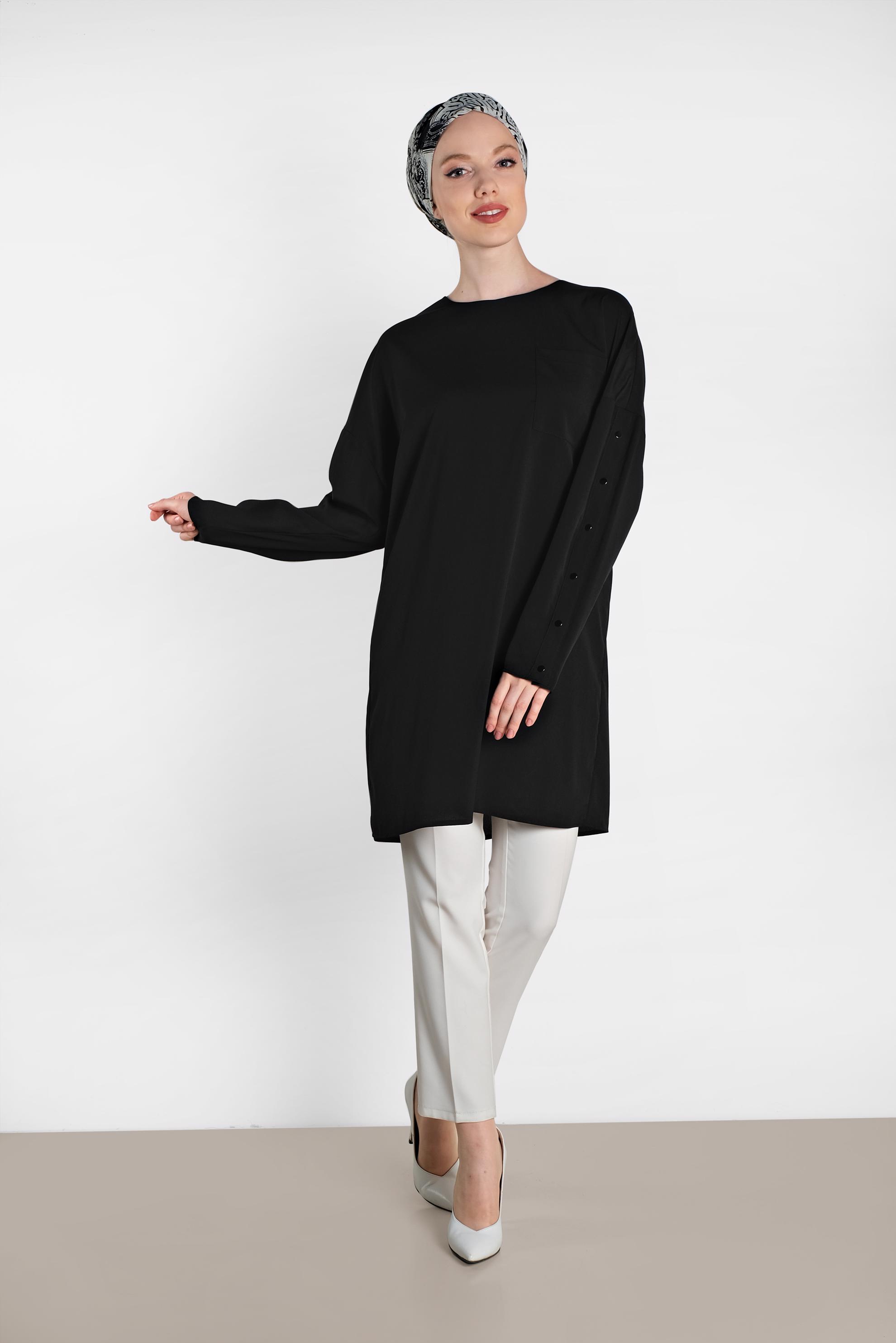 Tesettür giyim SİYAH KOLLARI ÇITÇITLI TUNİK 4415