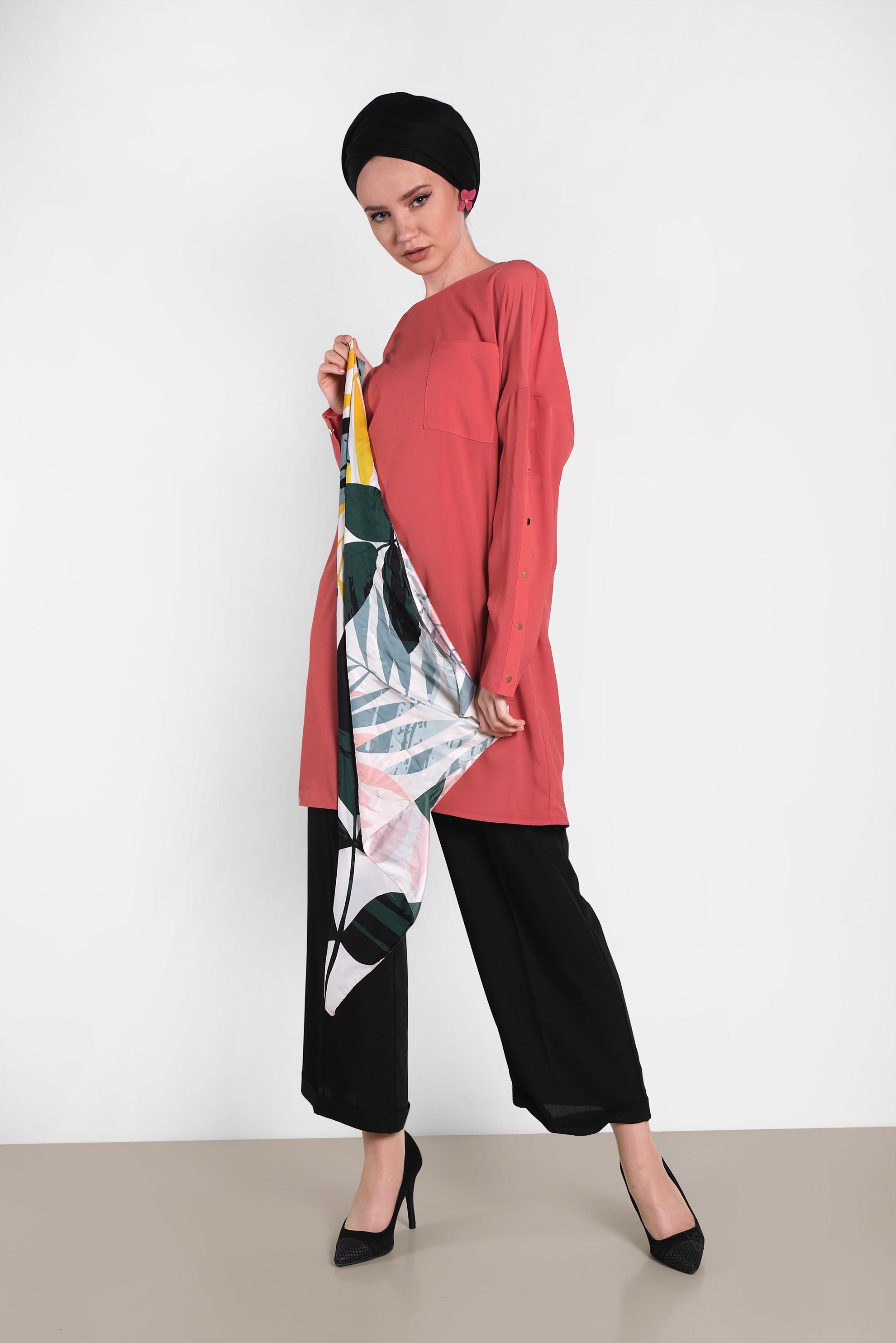 Tesettür giyim TURUNCU KOLLARI ÇITÇITLI TUNİK 4415