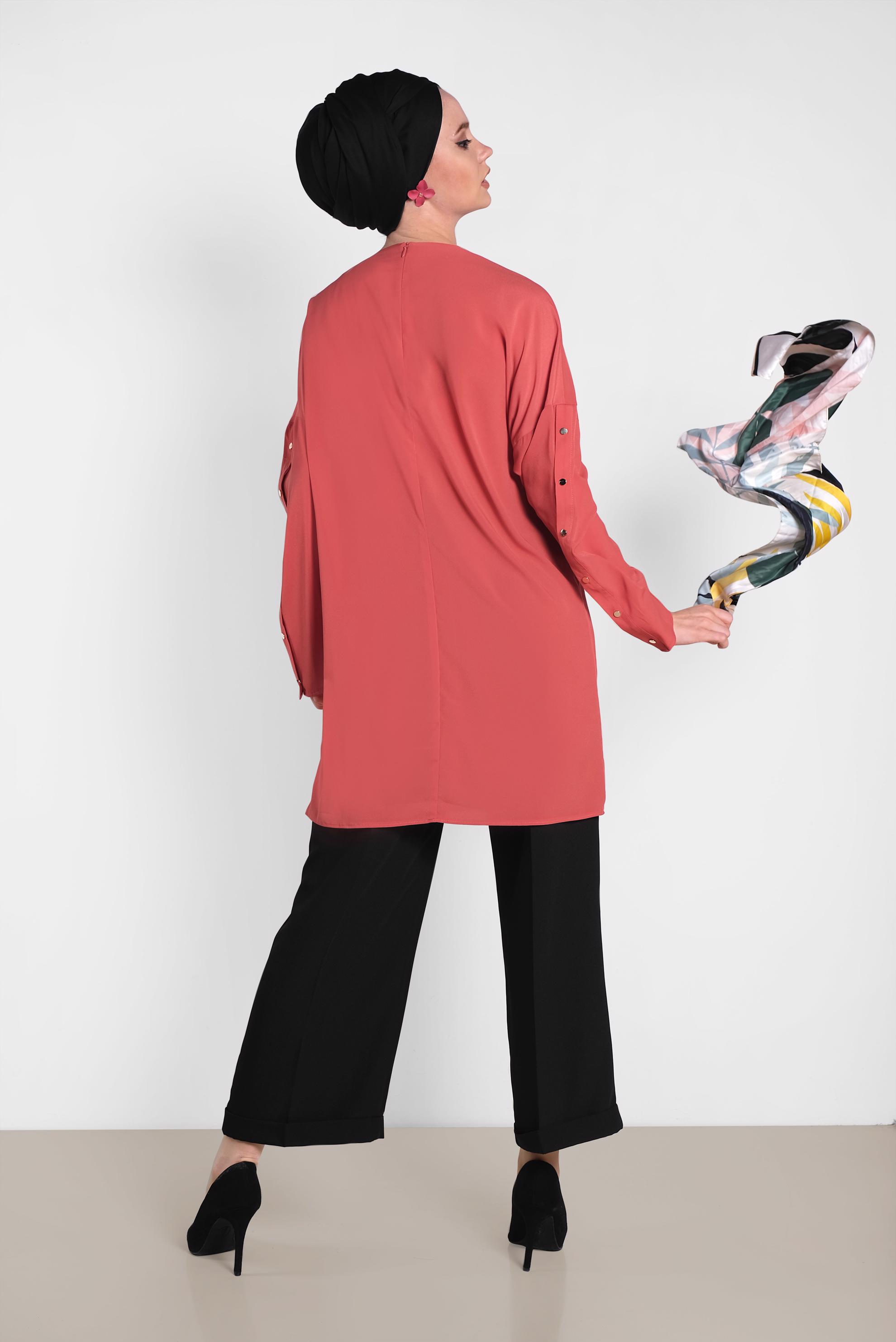 Tesettür giyim TURUNCU KOLLARI ÇITÇITLI TUNİK 4415