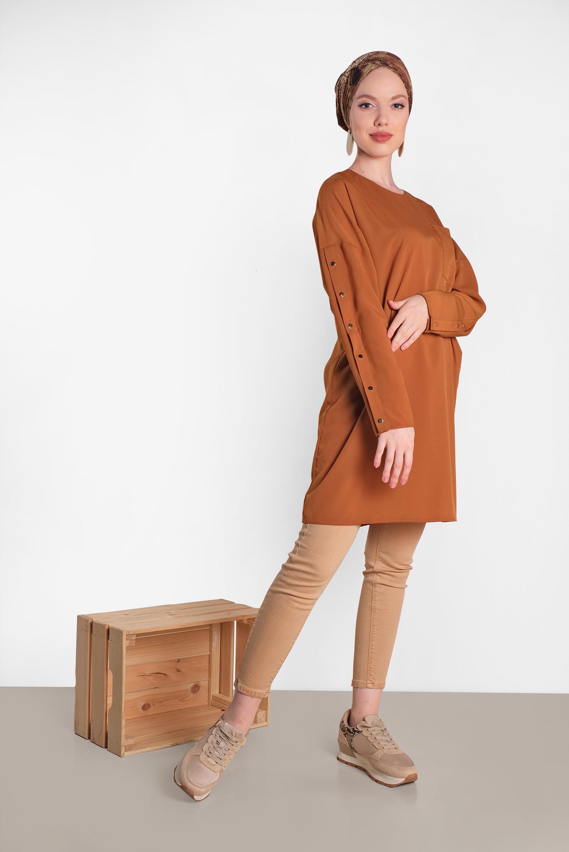 Tesettür giyim TABA KOLLARI ÇITÇITLI TUNİK 4415