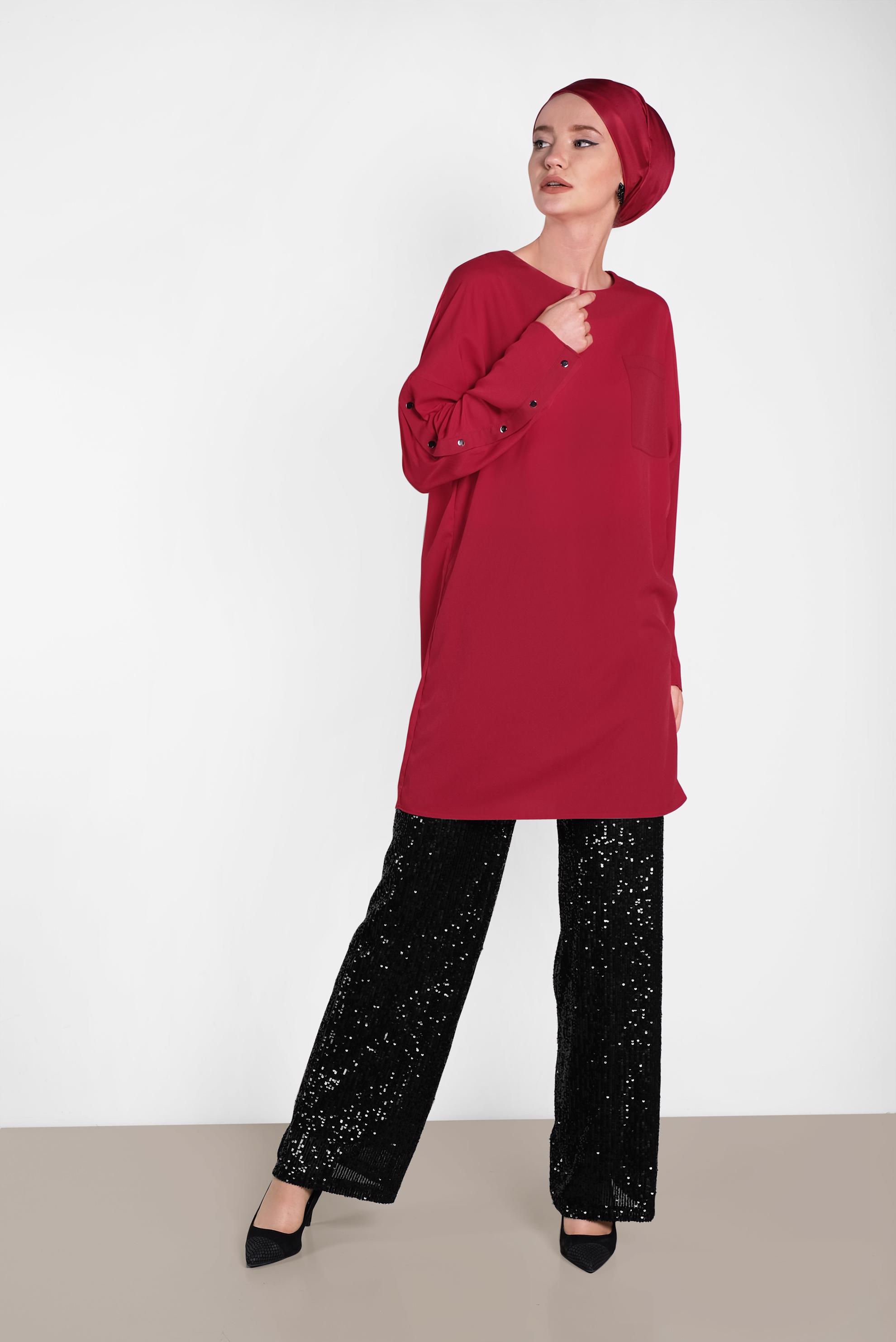 Tesettür giyim BORDO KOLLARI ÇITÇITLI TUNİK 4415