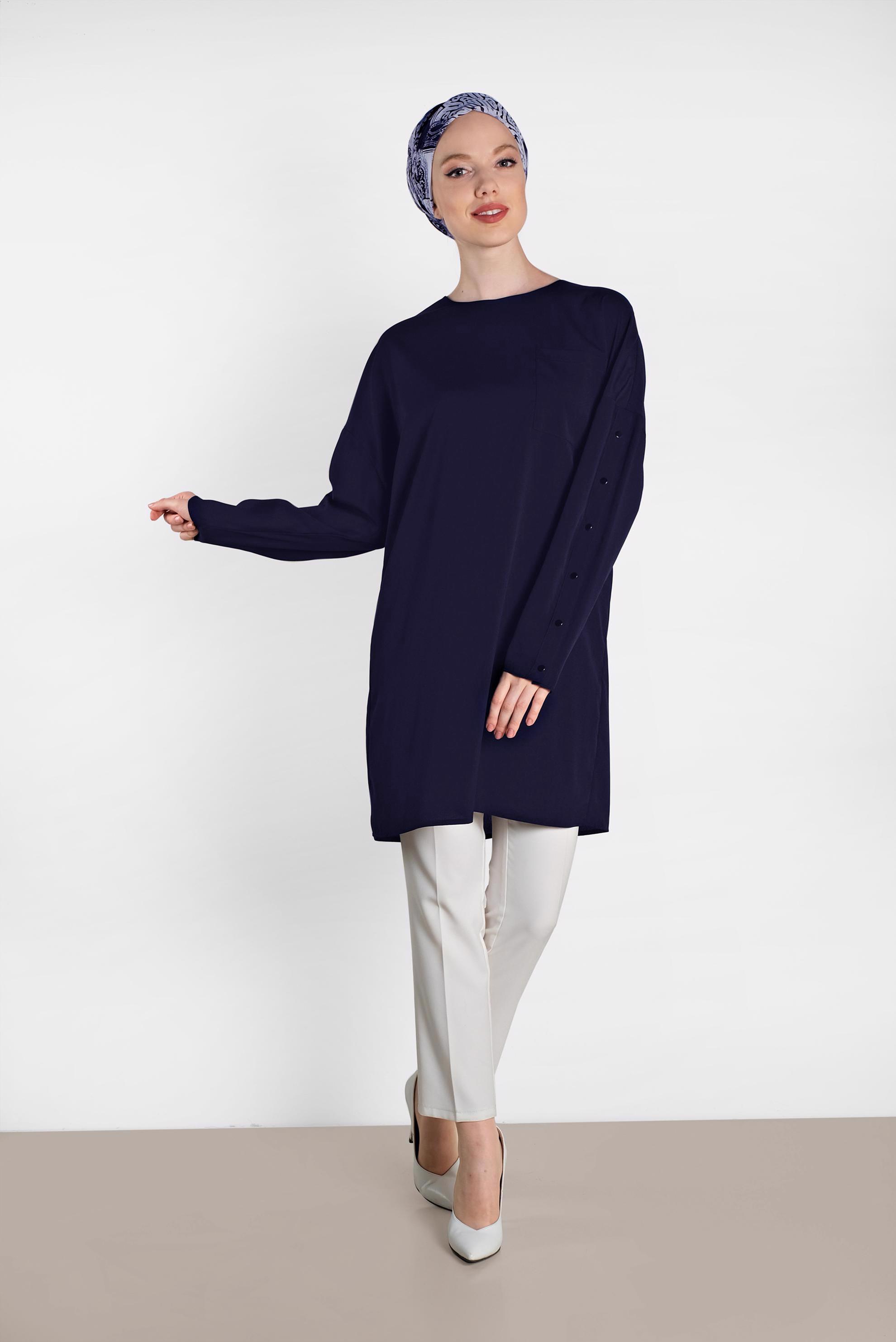 Tesettür giyim LACİVERT KOLLARI ÇITÇITLI TUNİK 4415