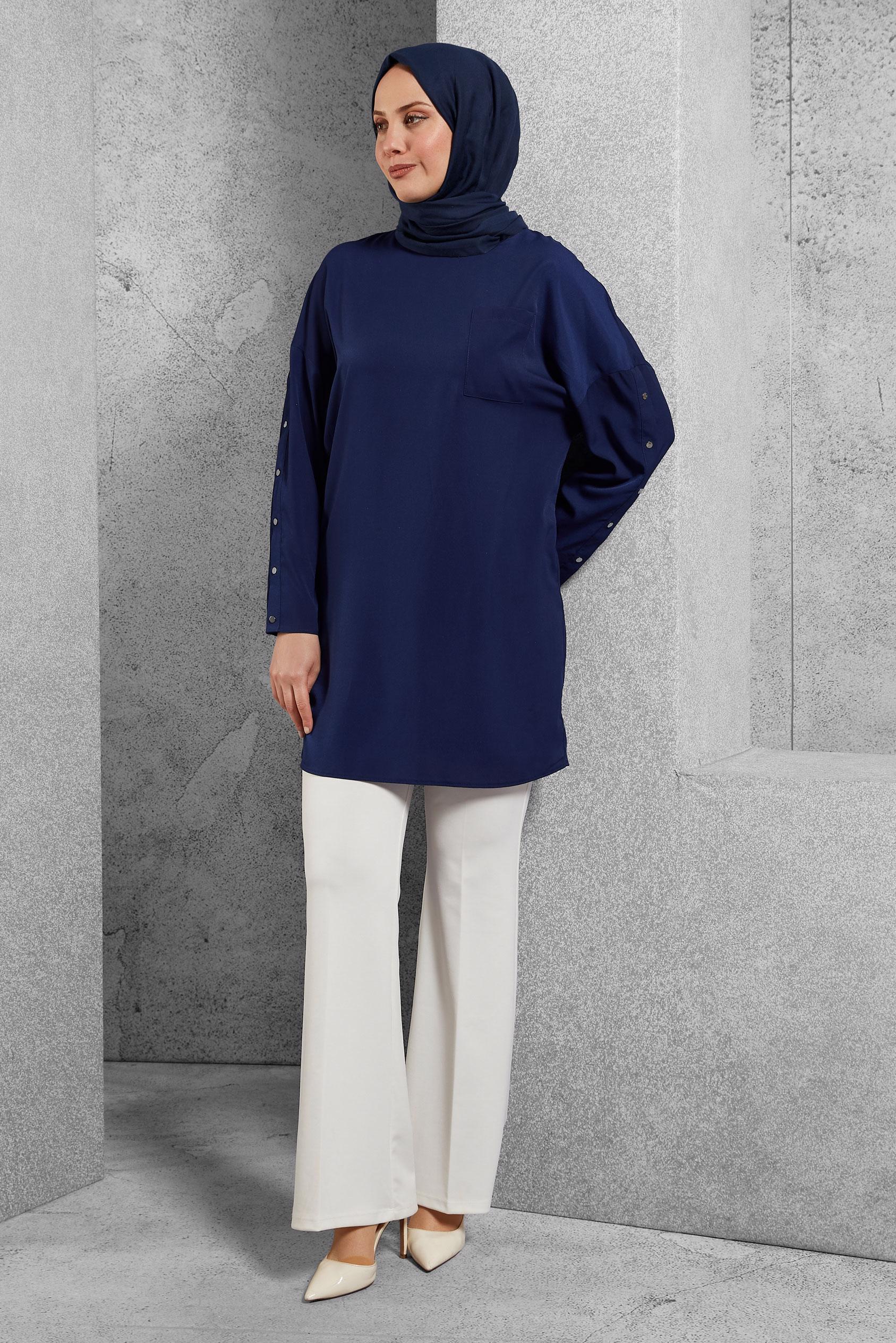 Tesettür giyim LACİVERT KOLLARI ÇITÇITLI TUNİK 4415