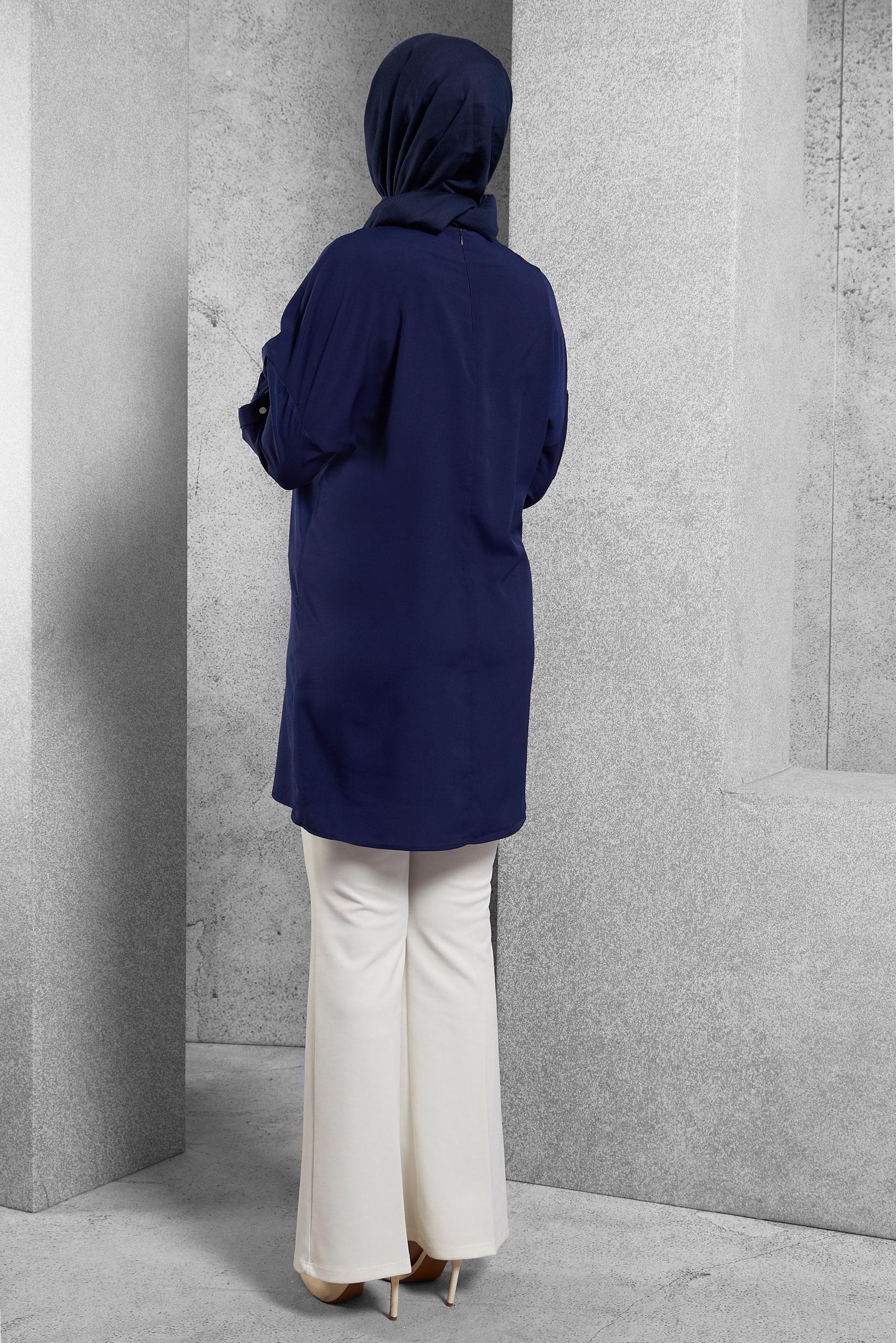 Tesettür giyim LACİVERT KOLLARI ÇITÇITLI TUNİK 4415