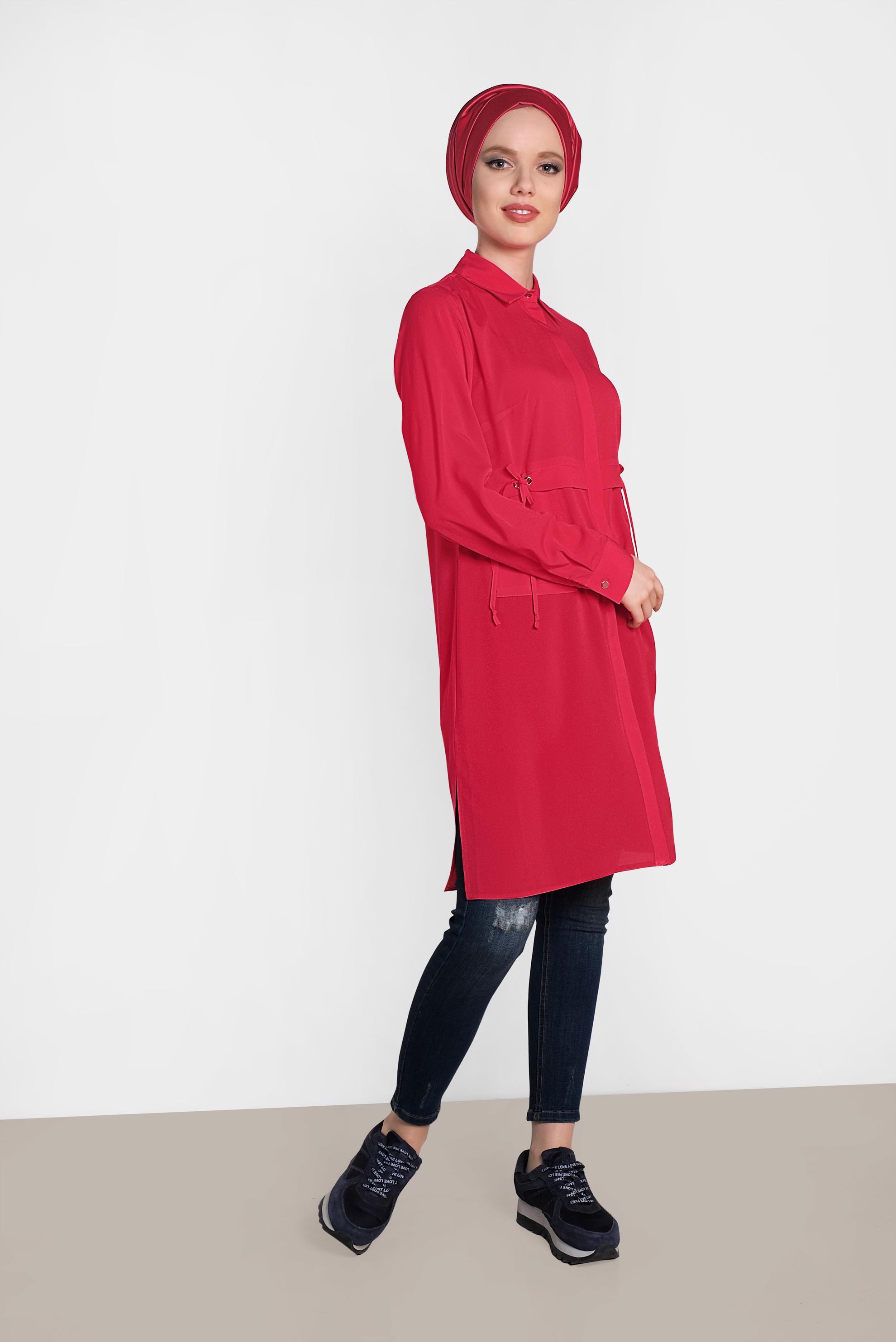 Tesettür giyim KIRMIZI BELİ BAĞCIK DETAYLI GİZLİ DÜĞMELİ TUNİK 4419