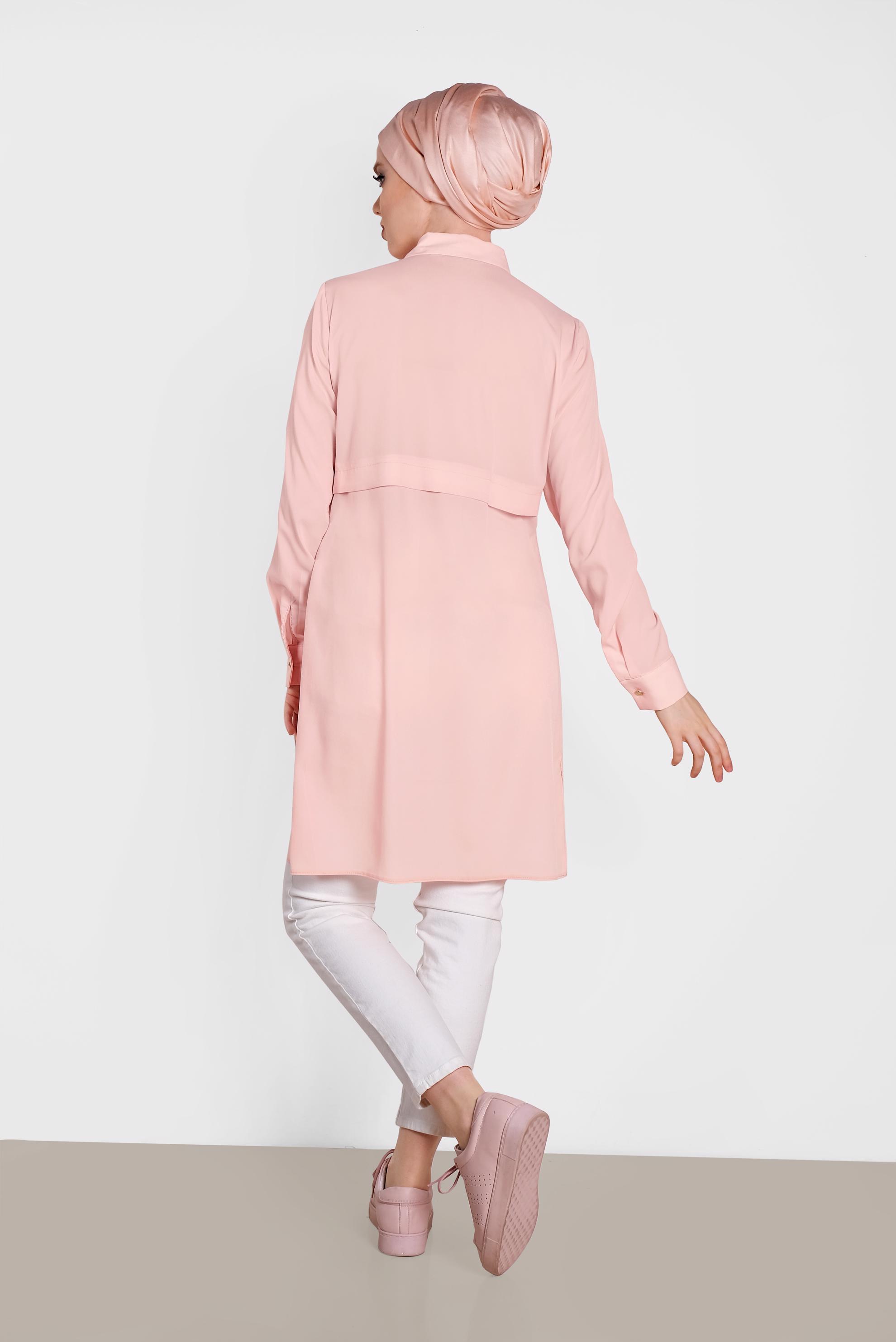 Tesettür giyim PUDRA BELİ BAĞCIK DETAYLI GİZLİ DÜĞMELİ TUNİK 4419