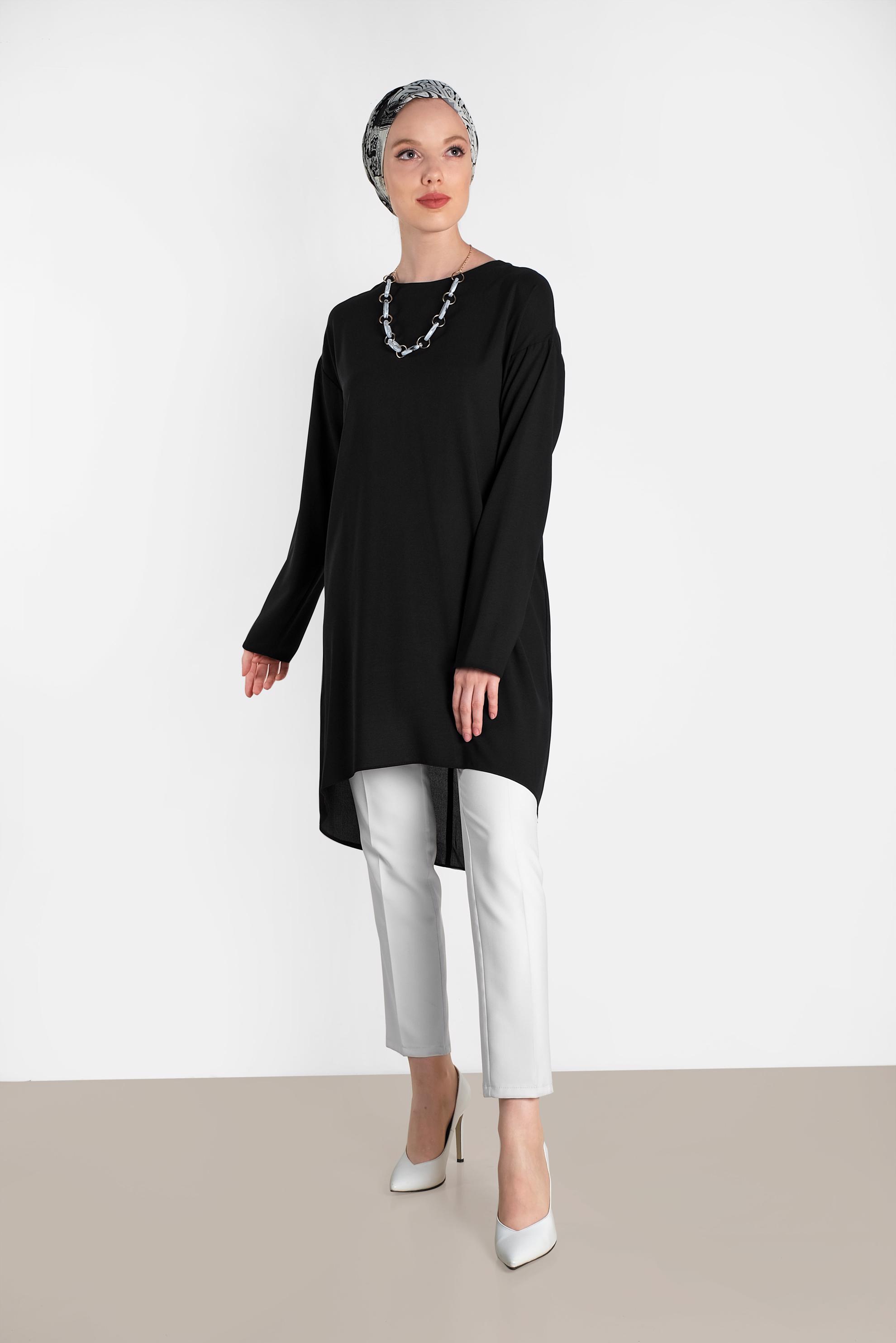 Tesettür giyim SİYAH ETEK UCU OVAL KESİM TUNİK 4420