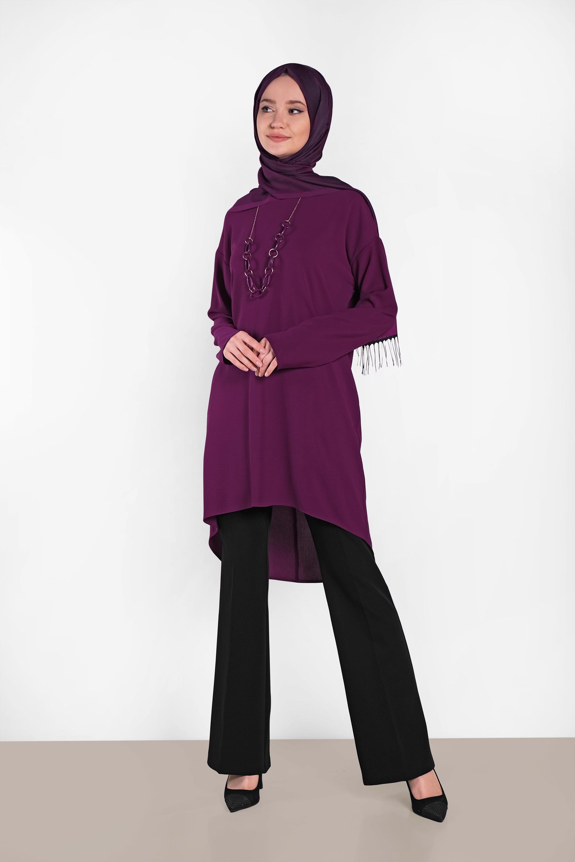 Tesettür giyim MOR ETEK UCU OVAL KESİM TUNİK 4420