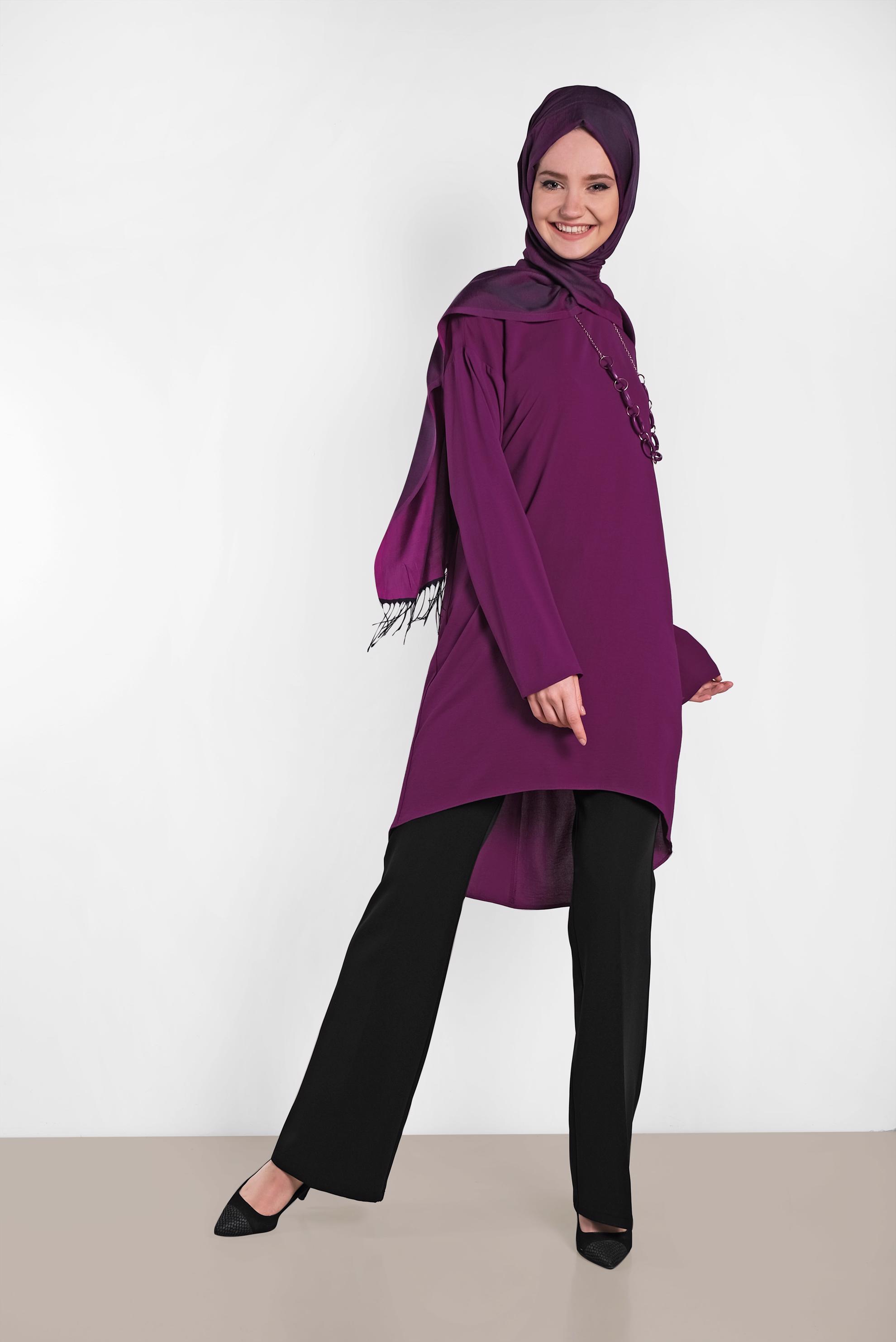 Tesettür giyim MOR ETEK UCU OVAL KESİM TUNİK 4420