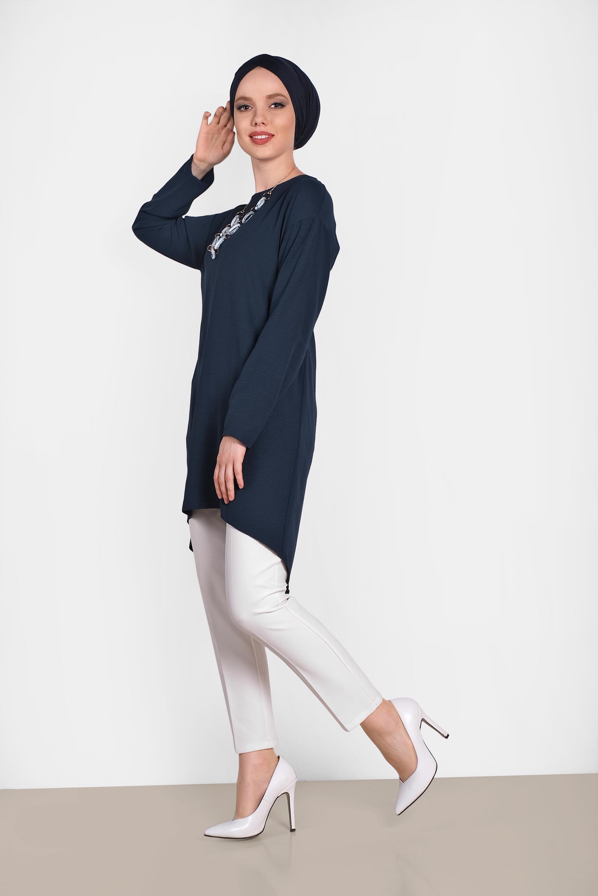 Tesettür giyim LACİVERT ETEK UCU OVAL KESİM TUNİK 4420