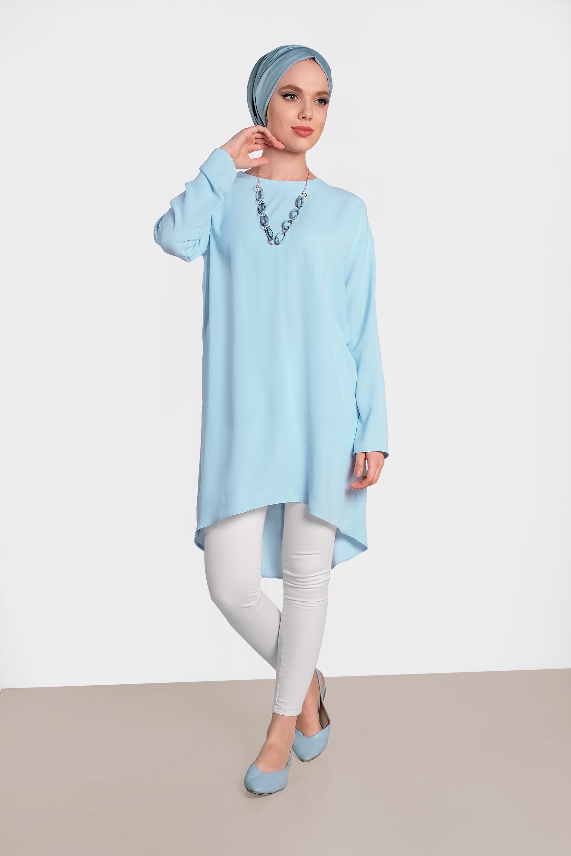 Tesettür giyim MAVİ ETEK UCU OVAL KESİM TUNİK 4420
