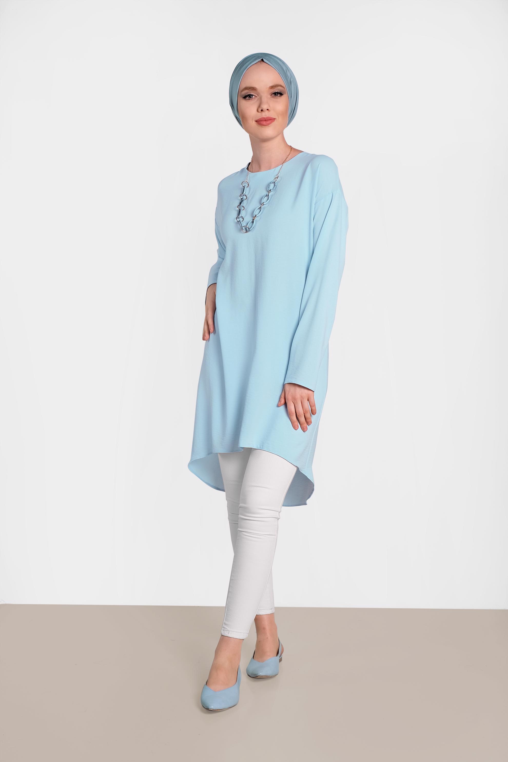Tesettür giyim MAVİ ETEK UCU OVAL KESİM TUNİK 4420