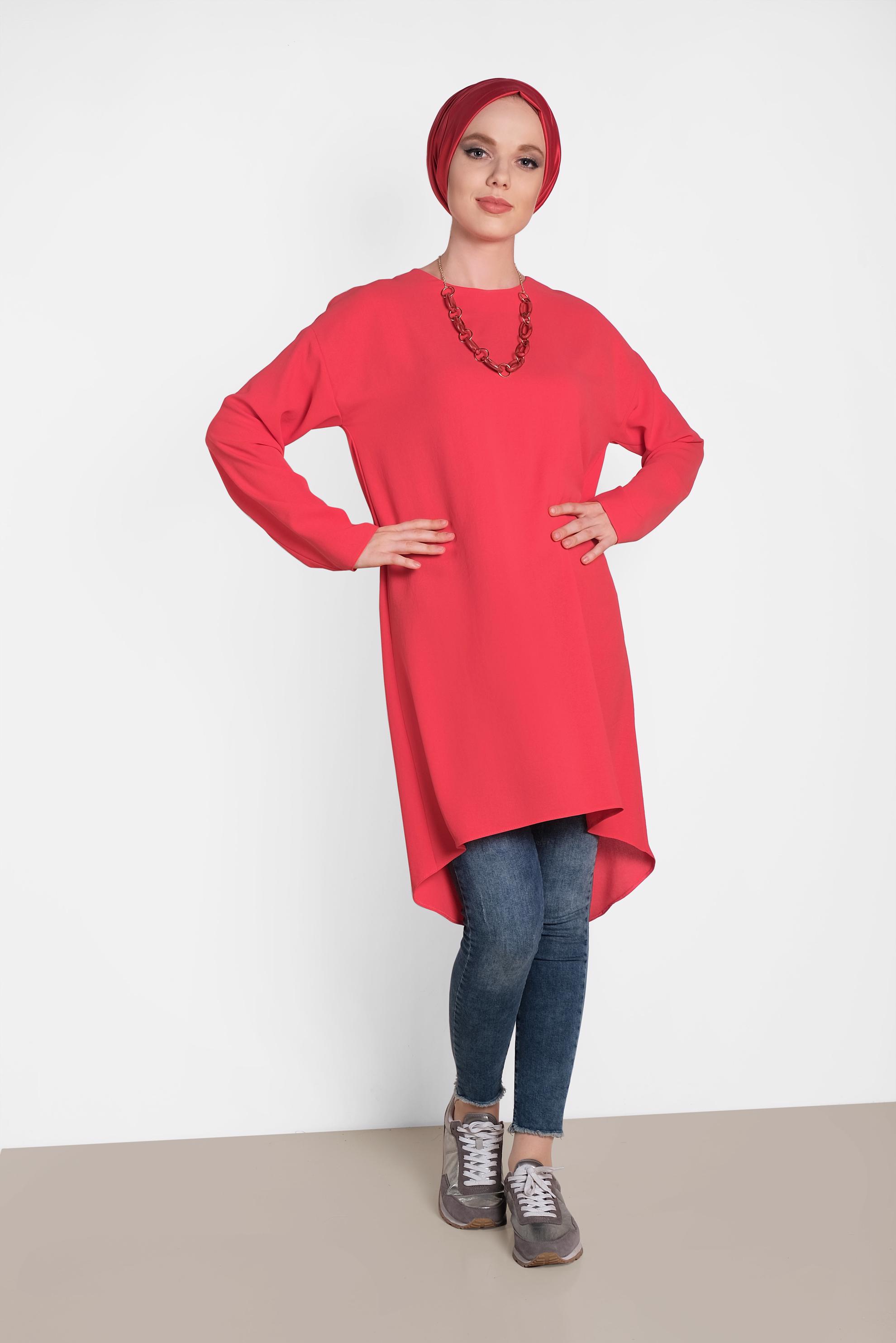 Tesettür giyim KIRMIZI ETEK UCU OVAL KESİM TUNİK 4420
