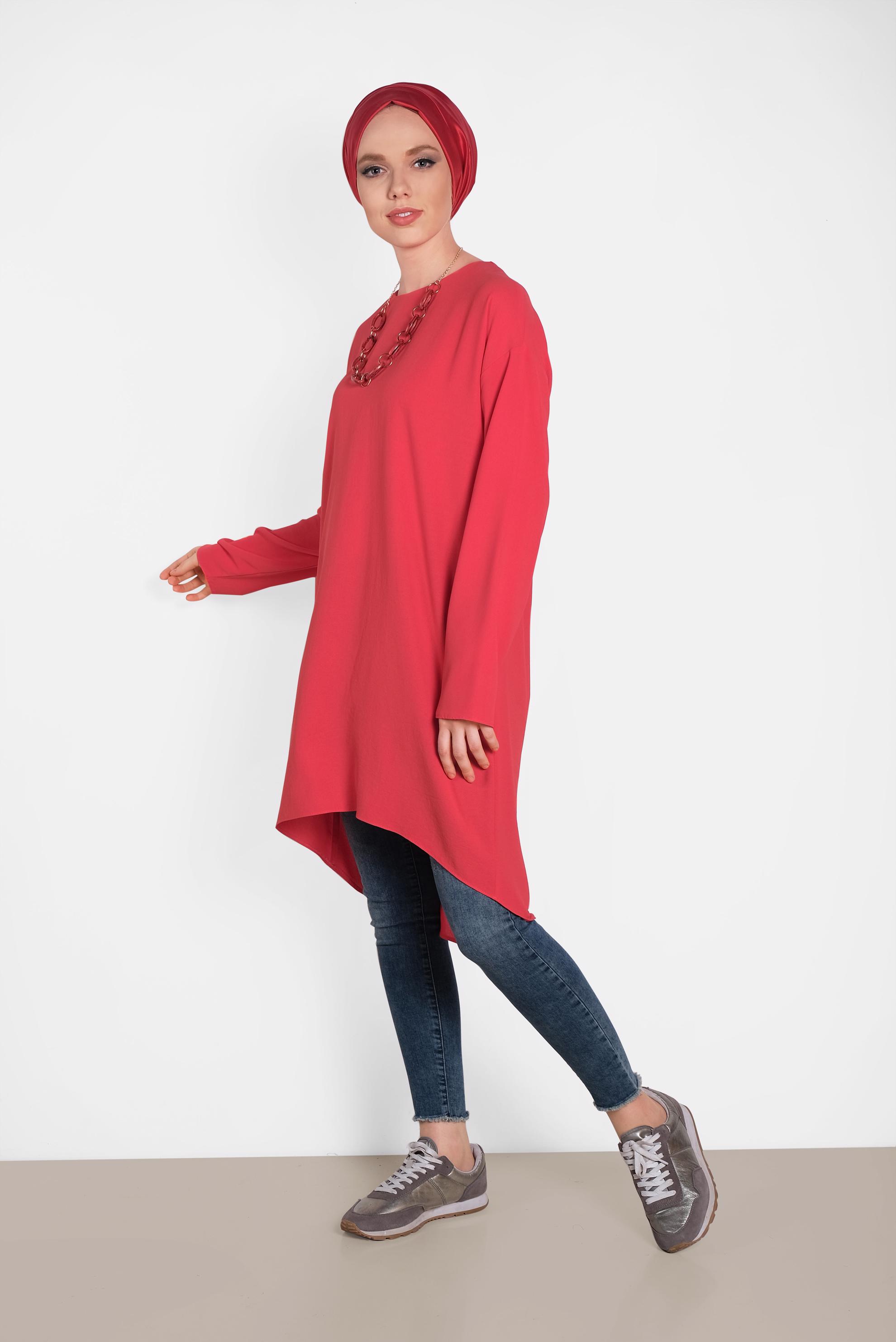 Tesettür giyim KIRMIZI ETEK UCU OVAL KESİM TUNİK 4420