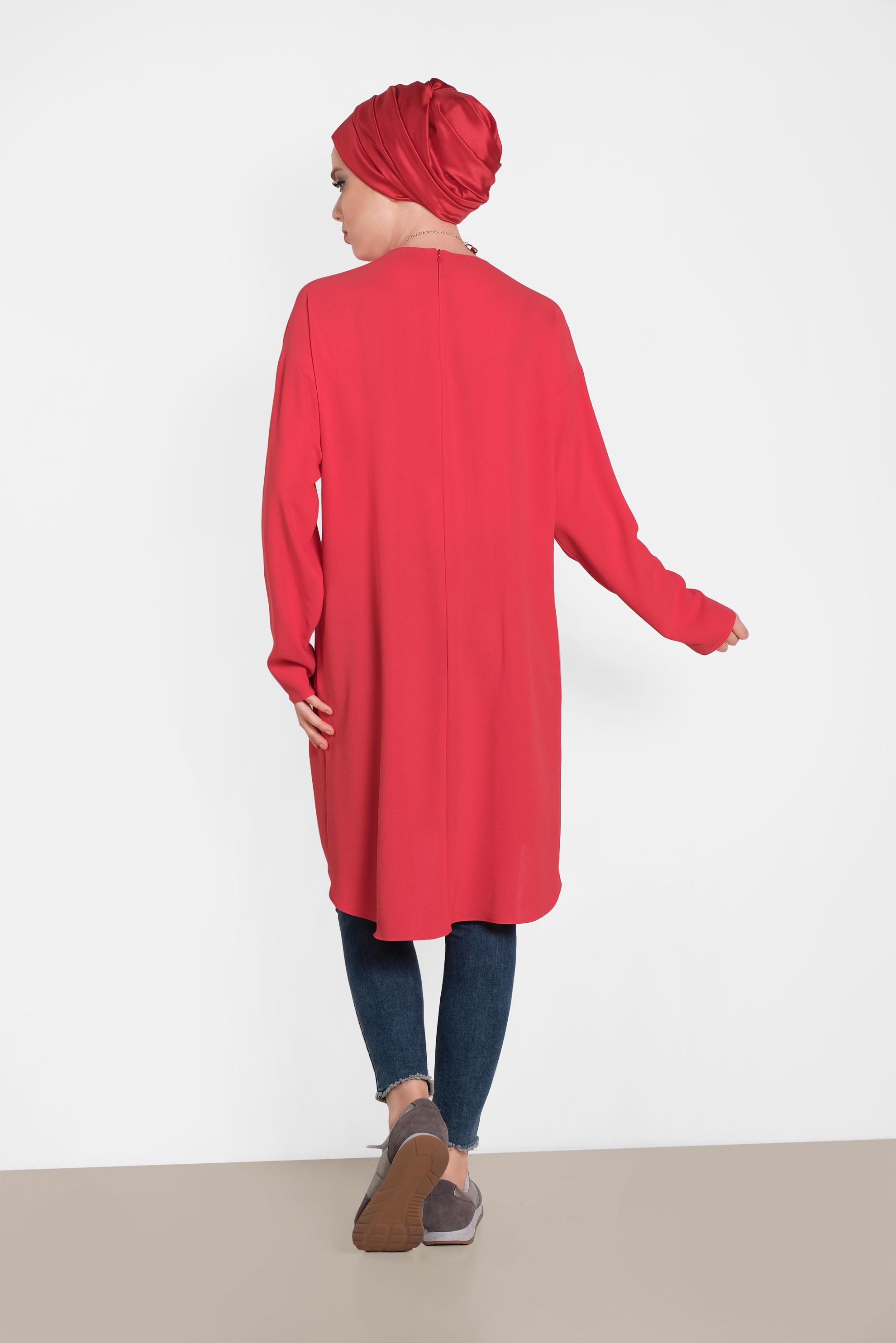 Tesettür giyim KIRMIZI ETEK UCU OVAL KESİM TUNİK 4420