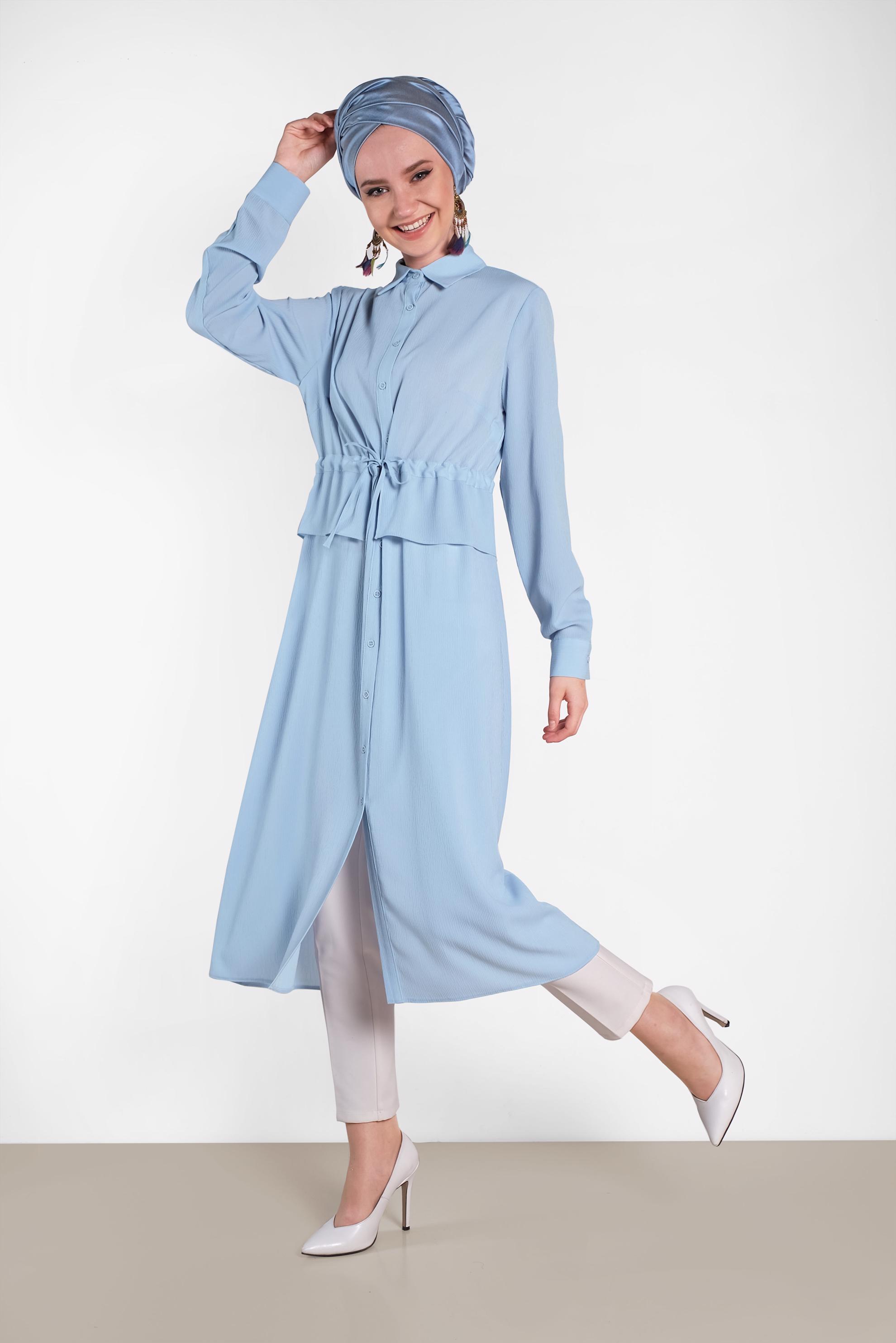 Tesettür giyim MAVİ BEL KISMI LASTİKLİ BAĞCIKLI TUNİK 4424