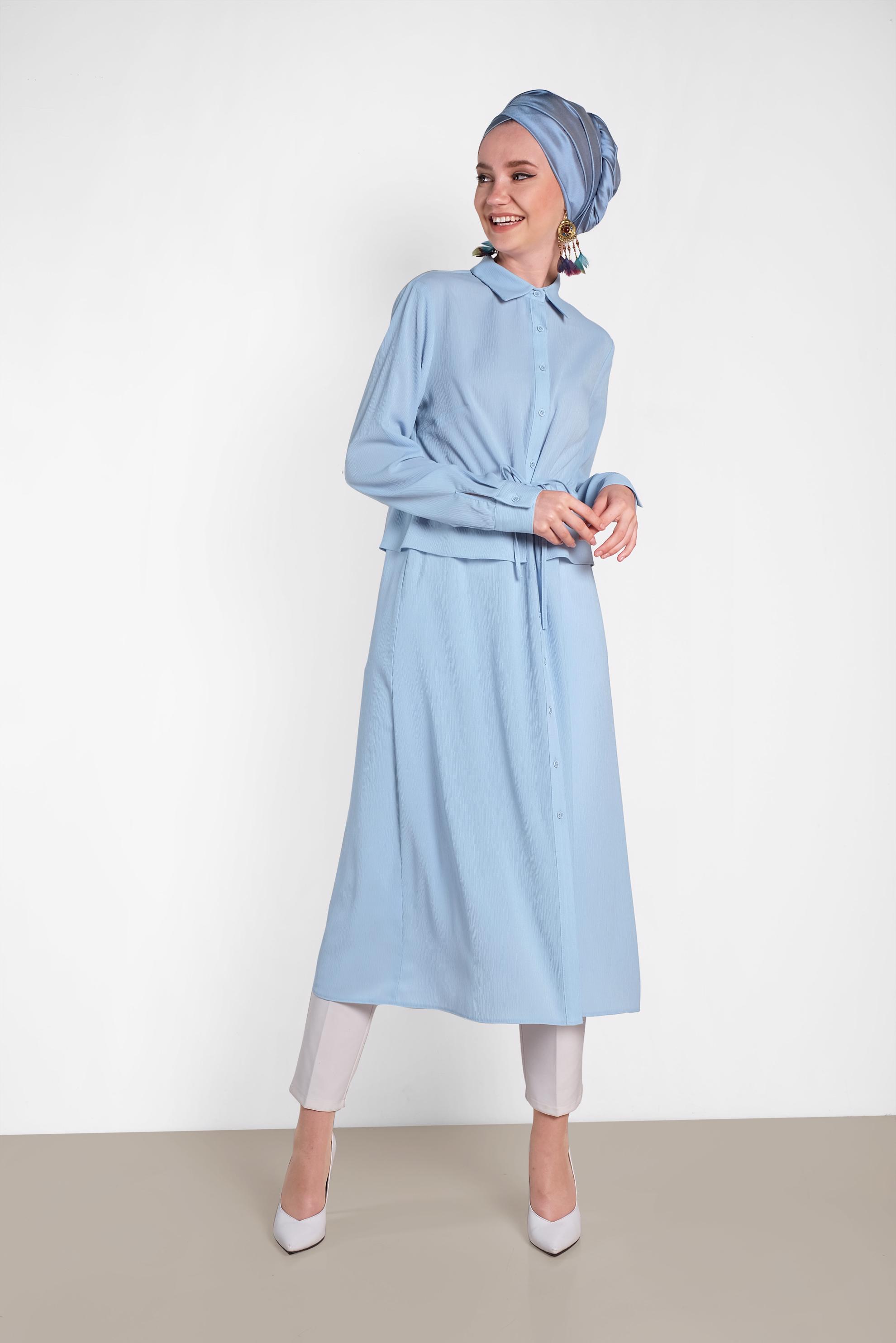 Tesettür giyim MAVİ BEL KISMI LASTİKLİ BAĞCIKLI TUNİK 4424