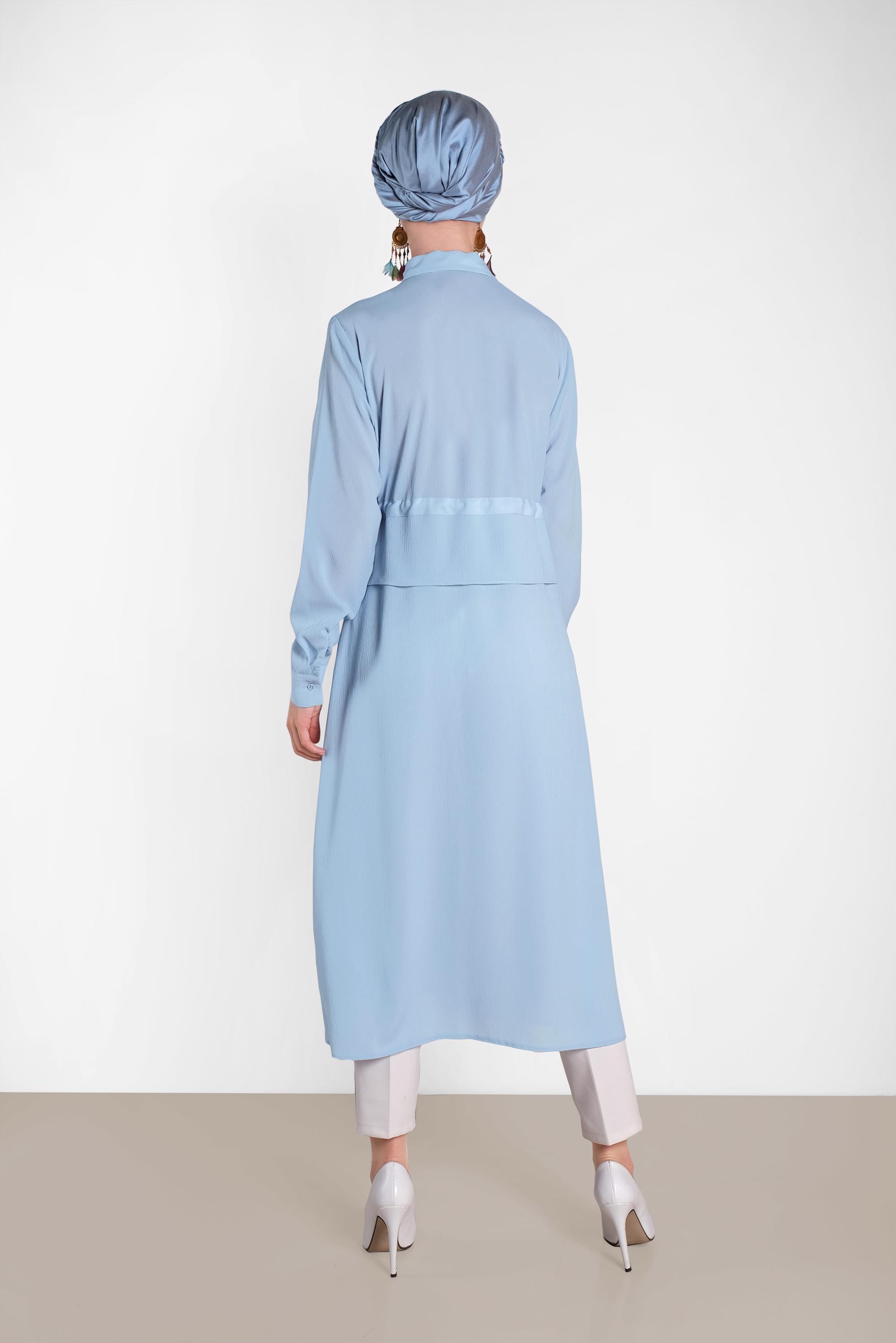 Tesettür giyim MAVİ BEL KISMI LASTİKLİ BAĞCIKLI TUNİK 4424