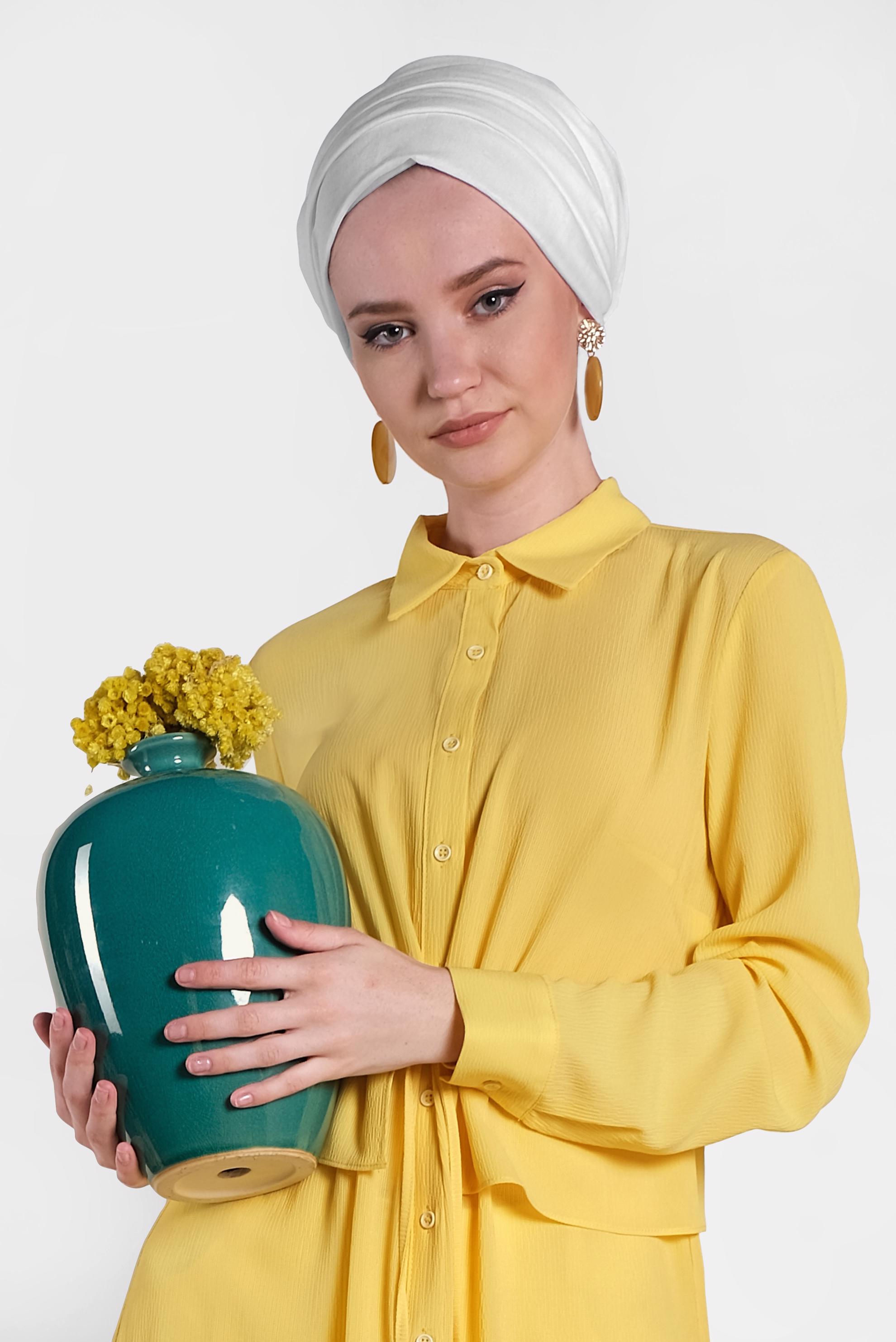 Tesettür giyim SARI BEL KISMI LASTİKLİ BAĞCIKLI TUNİK 4424