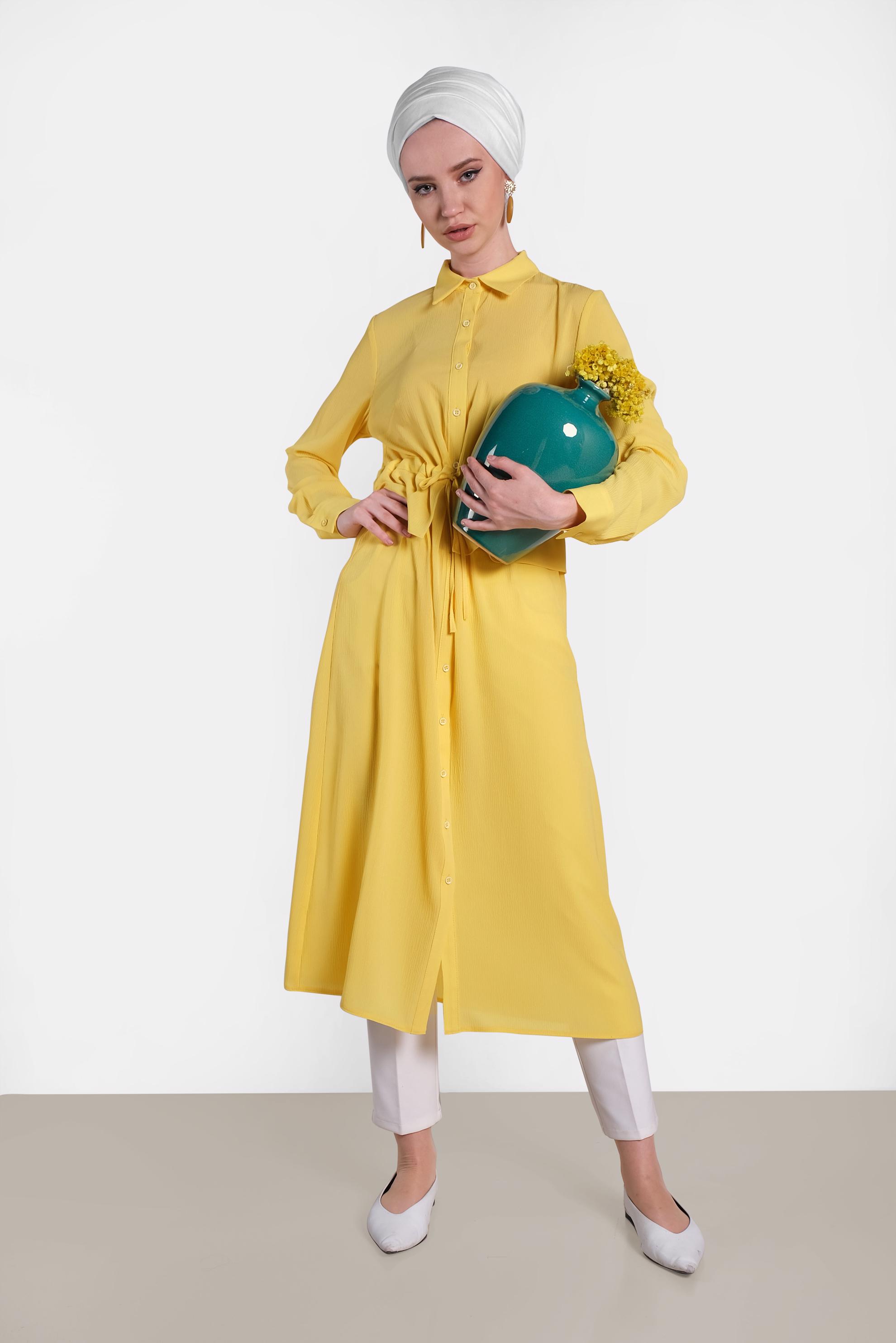 Tesettür giyim SARI BEL KISMI LASTİKLİ BAĞCIKLI TUNİK 4424