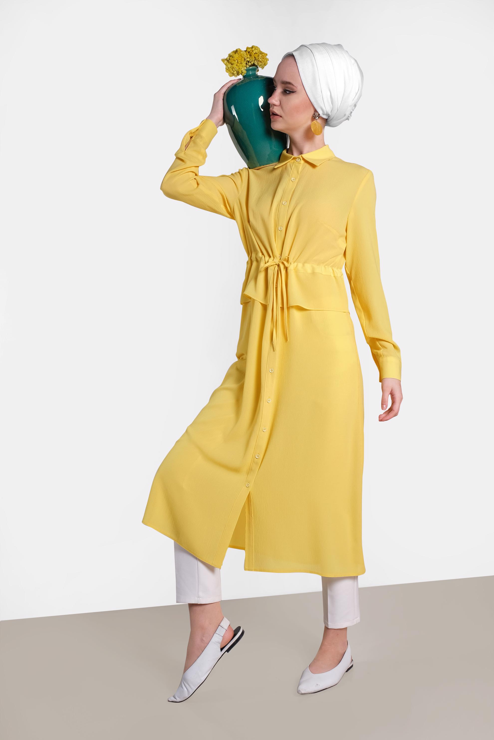 Tesettür giyim SARI BEL KISMI LASTİKLİ BAĞCIKLI TUNİK 4424