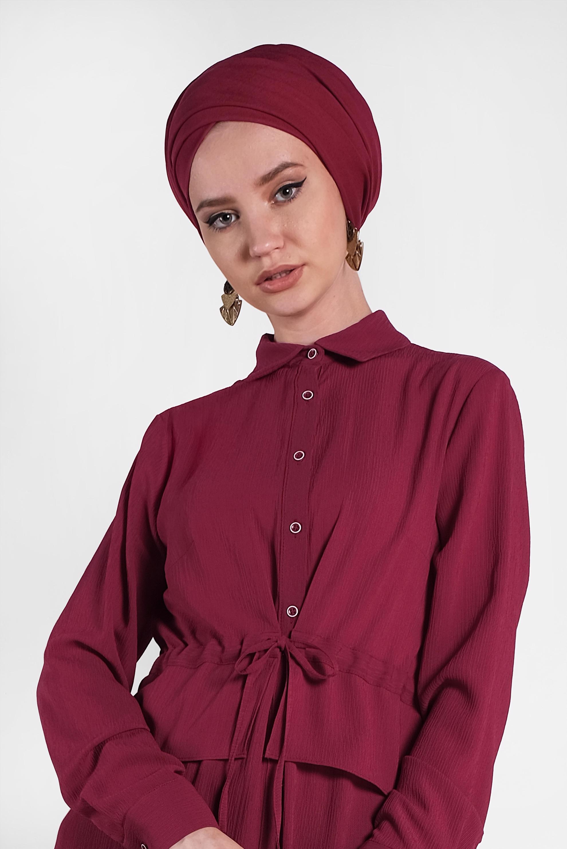 Tesettür giyim BORDO BEL KISMI LASTİKLİ BAĞCIKLI TUNİK 4424