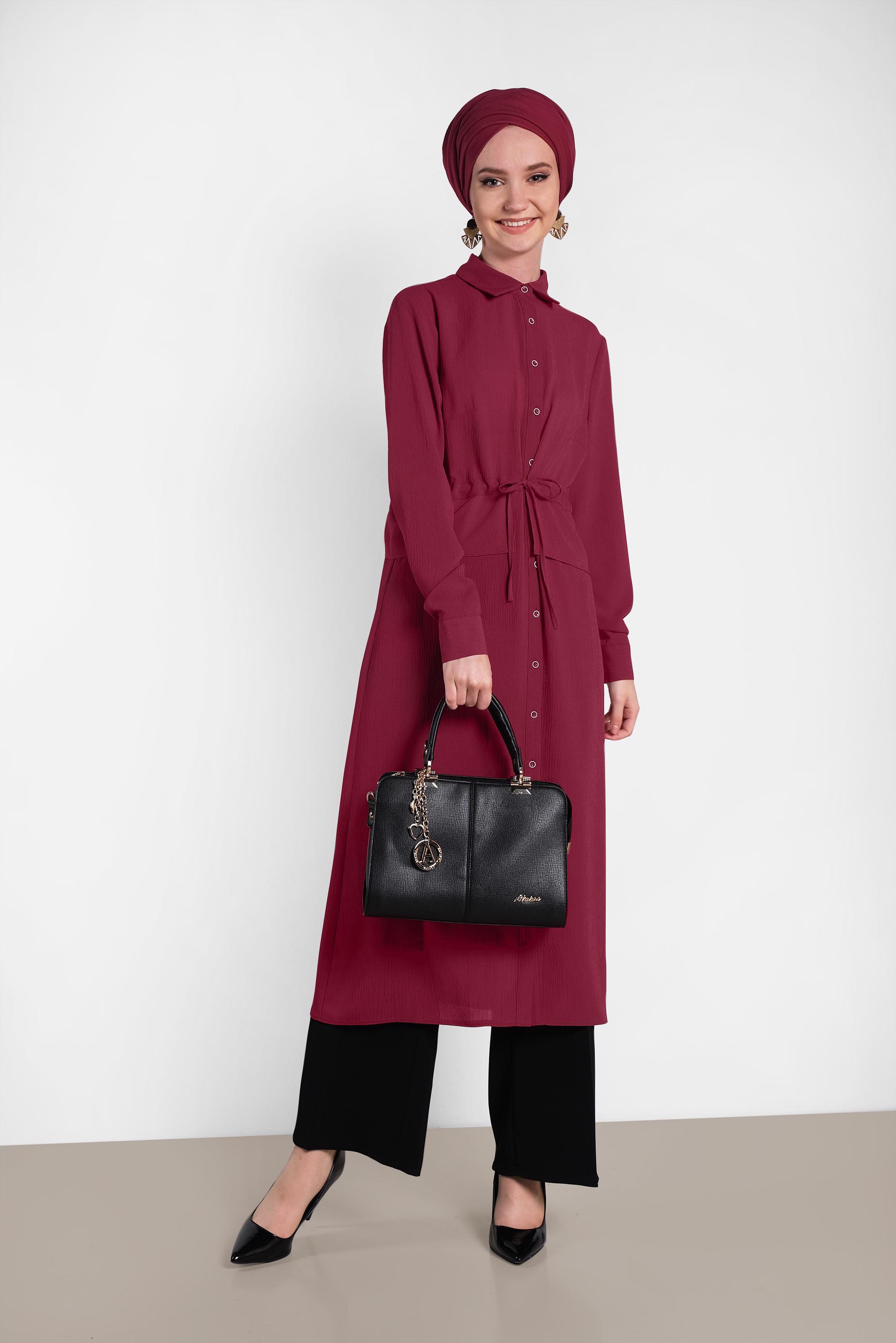 Tesettür giyim BORDO BEL KISMI LASTİKLİ BAĞCIKLI TUNİK 4424