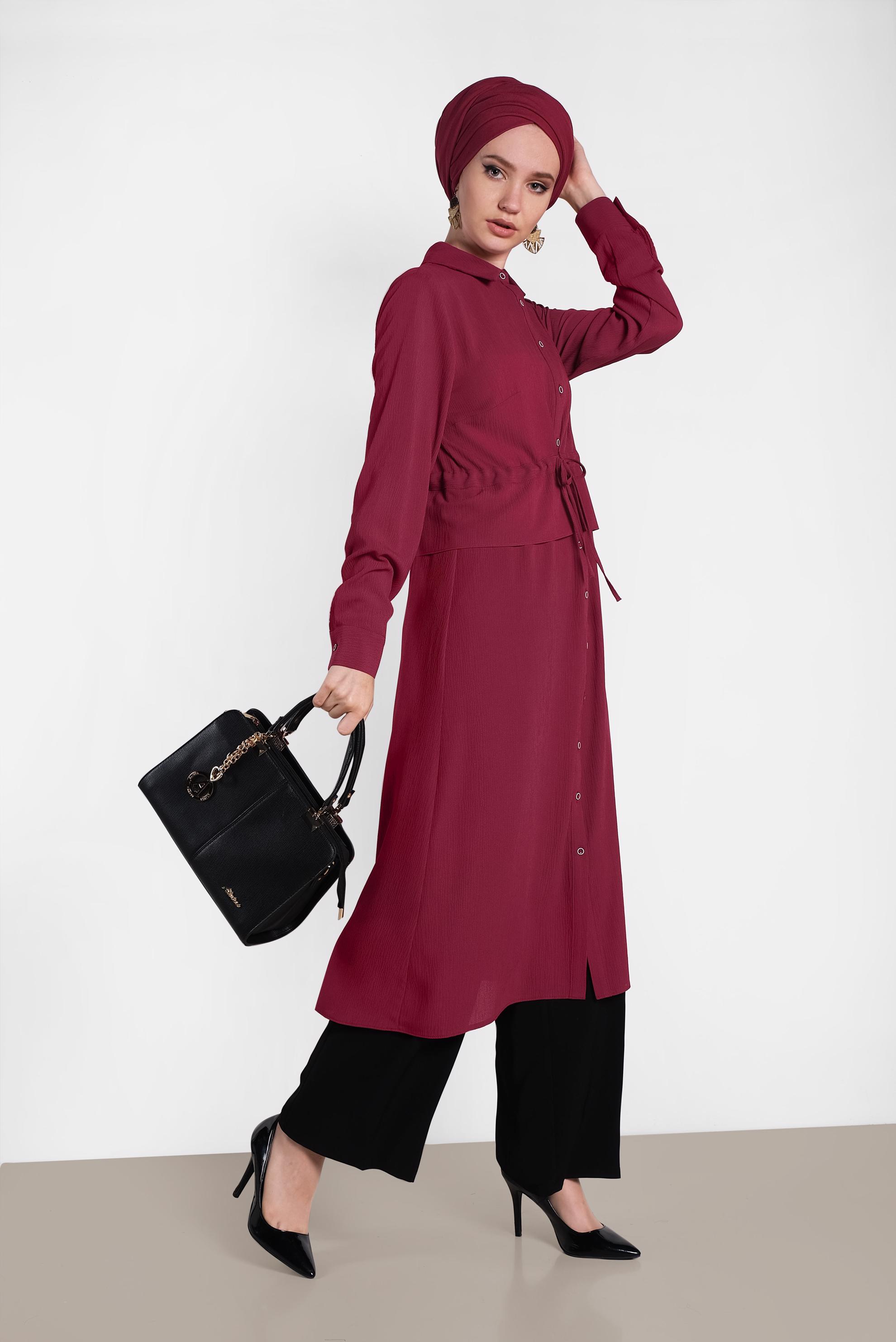Tesettür giyim BORDO BEL KISMI LASTİKLİ BAĞCIKLI TUNİK 4424